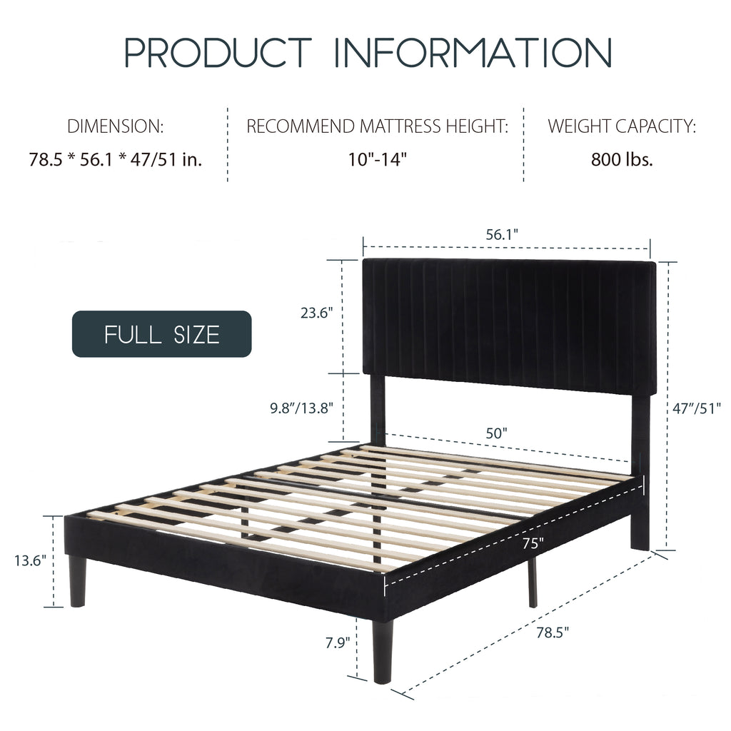 Einfach Platform Bed Frame with Upholstered Adjustable Velvet Vertical Tufted Headboard