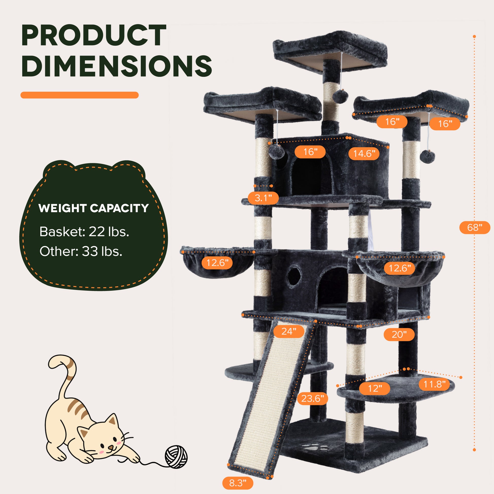 Einfach 68" X-Large Cat Tree and Tower with Condo Houses, Scratching Board & Posts for Indoor Cat