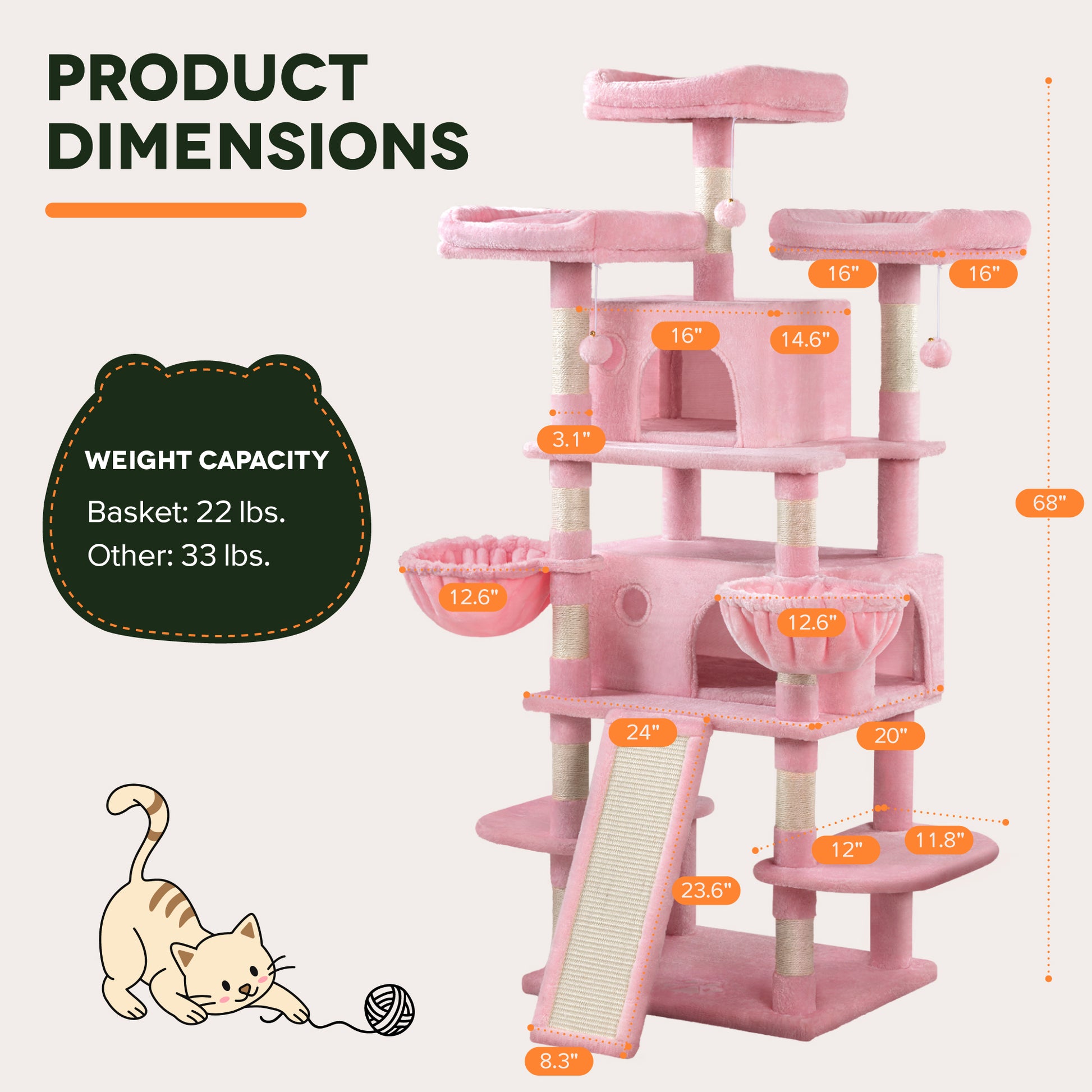 Einfach 68" X-Large Cat Tree and Tower with Condo Houses, Scratching Board & Posts for Indoor Cat