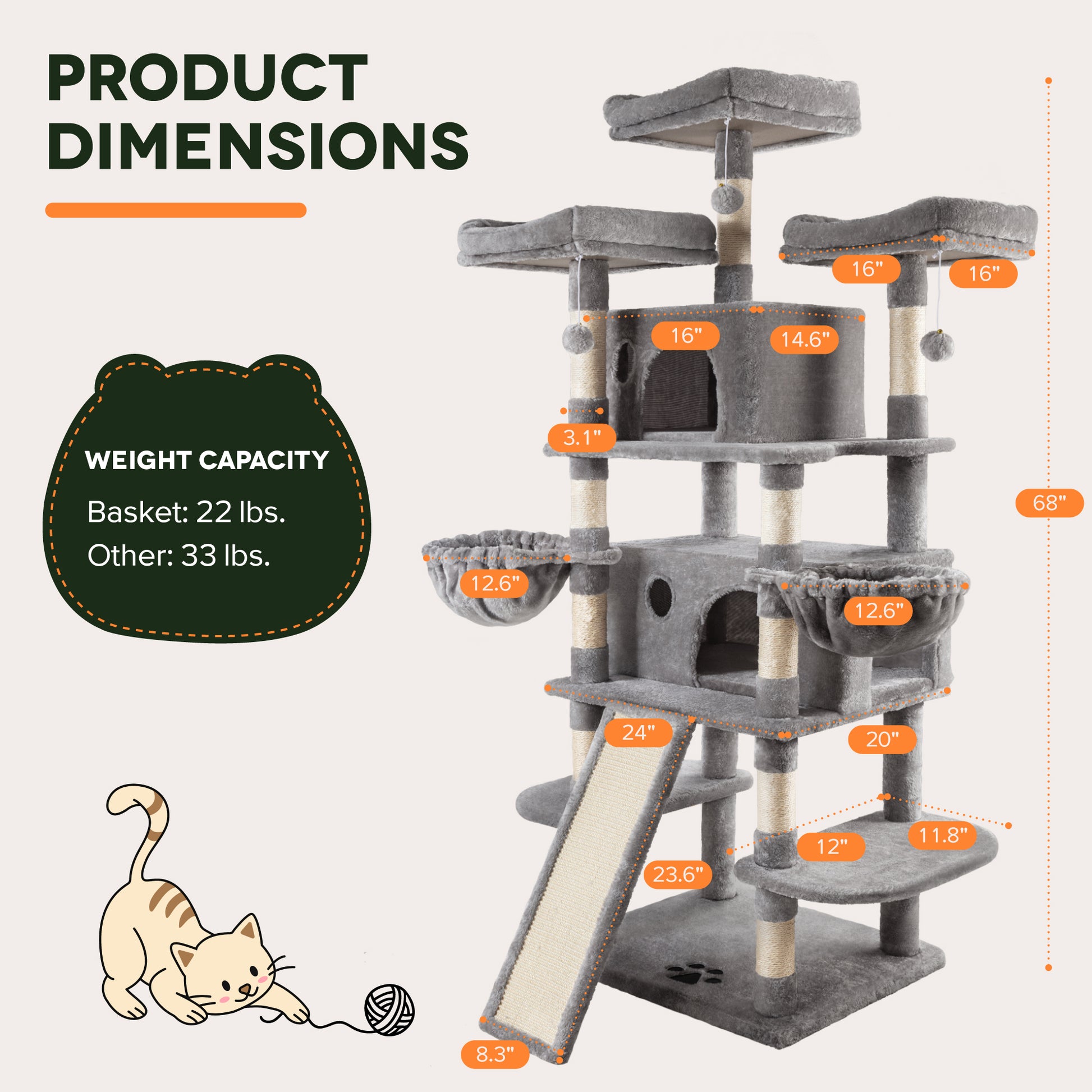 Einfach 68" X-Large Cat Tree and Tower with Condo Houses, Scratching Board & Posts for Indoor Cat
