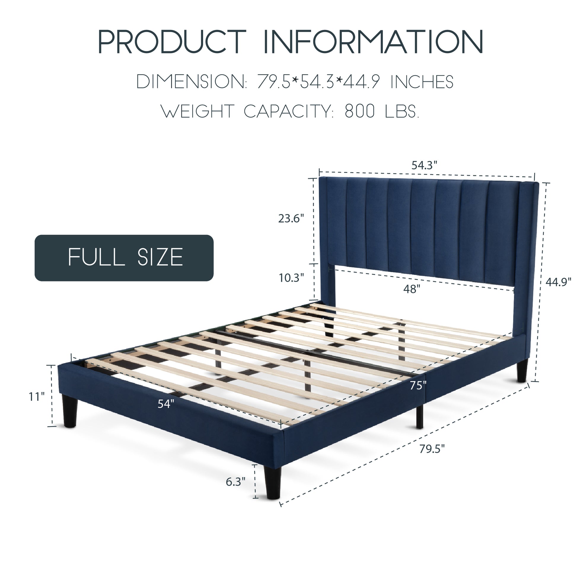 Einfach Platform Bed Frame with Upholstered Velvet Vertical Headboard