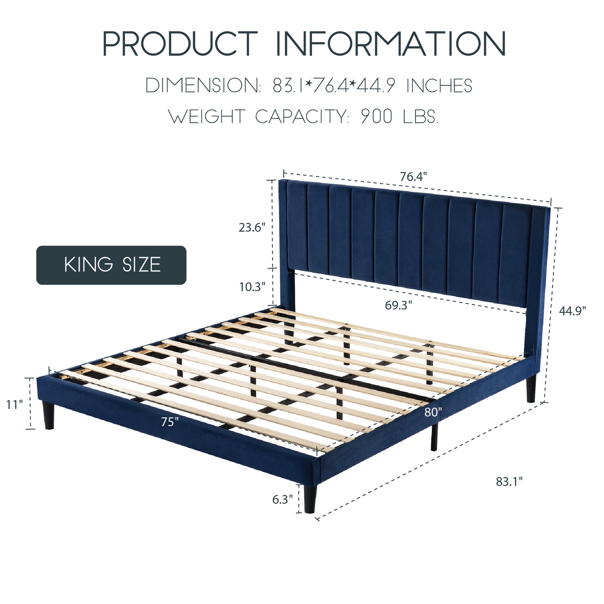 Einfach Platform Bed Frame with Upholstered Velvet Vertical Headboard