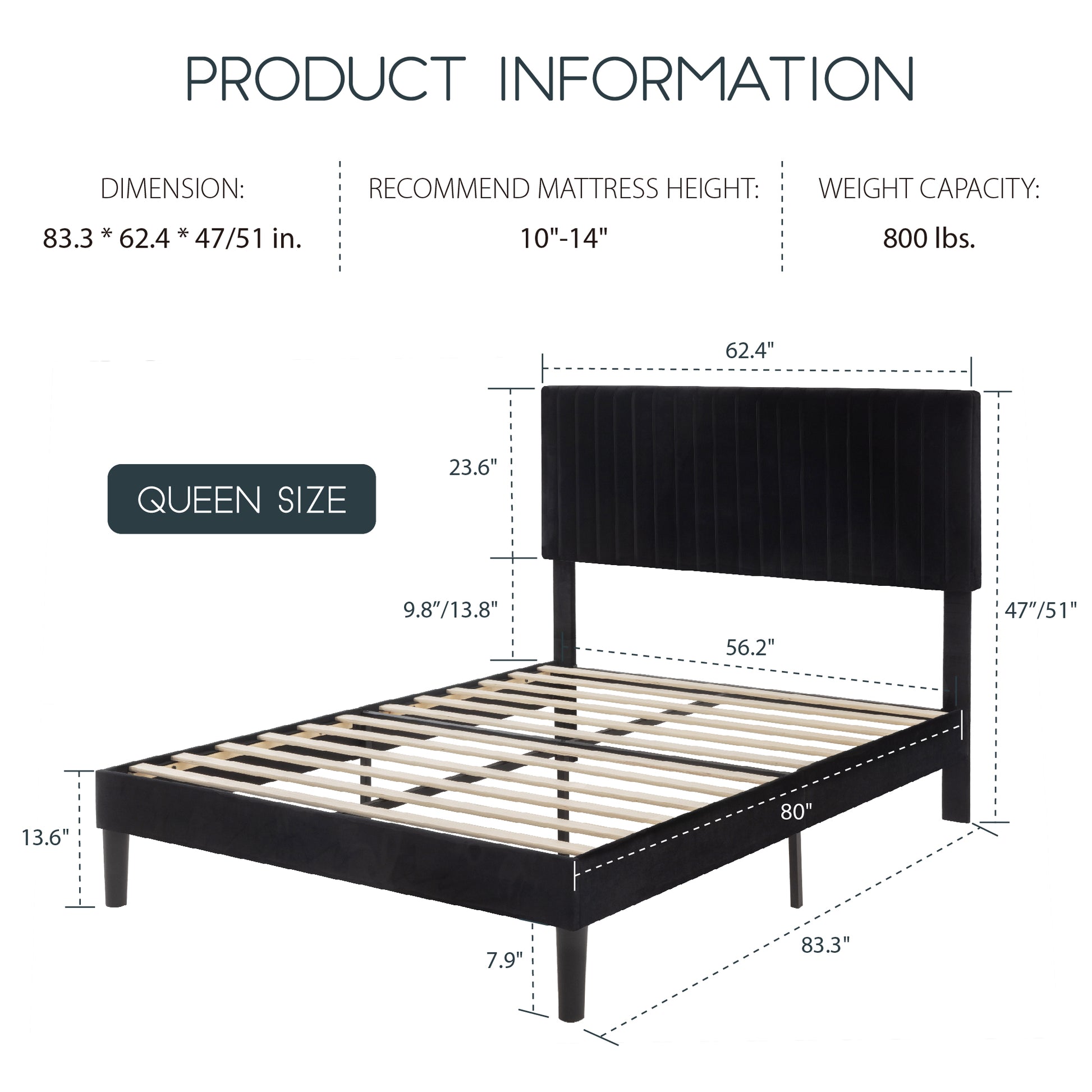 Einfach Platform Bed Frame with Upholstered Adjustable Velvet Vertical Tufted Headboard
