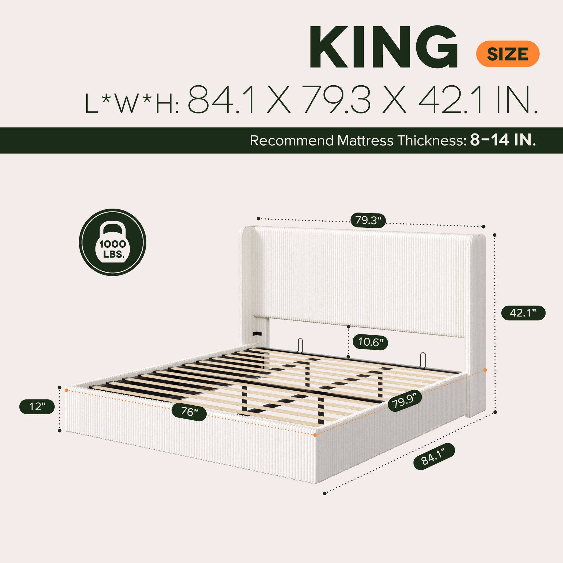 Einfach Hydraulic Lift Up Storage Bed Frame, Corduroy Upholstered Wingback Headboard, Ample Under-bed Storage