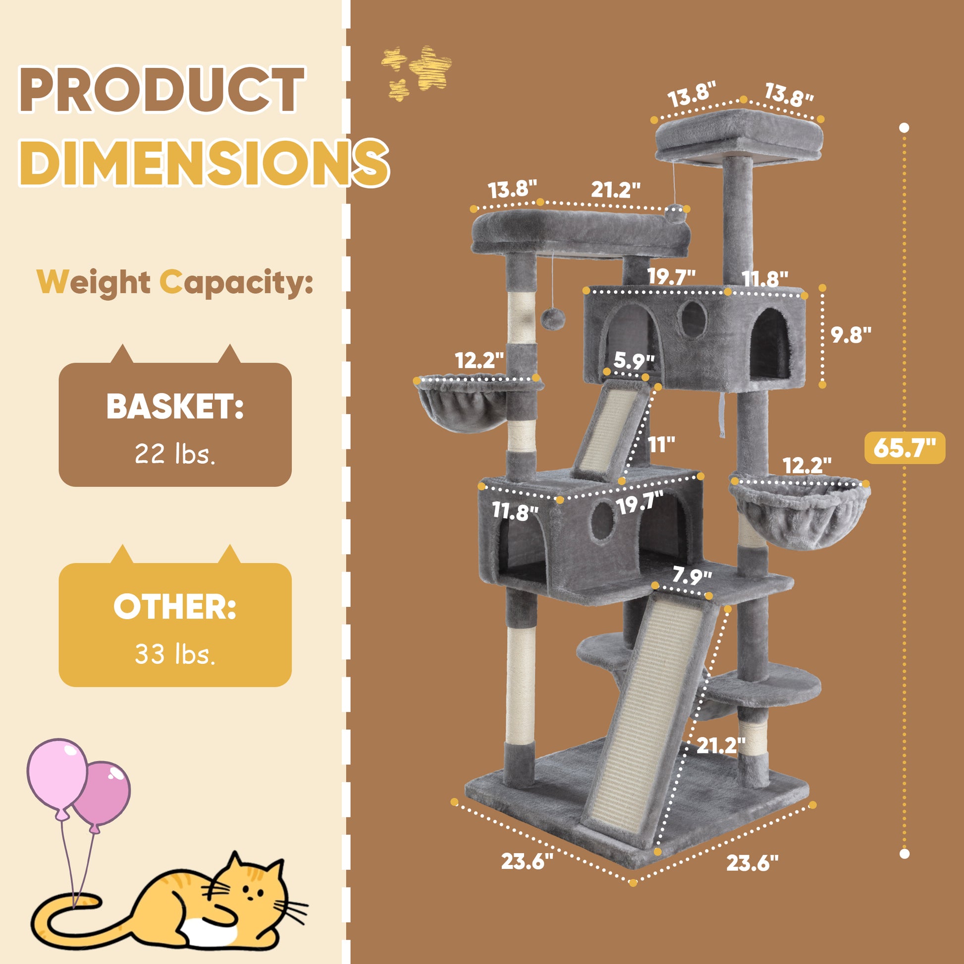 Einfach 65.7" Large Cat Tree and Tower Condo House with Hammock, 2 Scratching Boards & 5 Scratching Posts