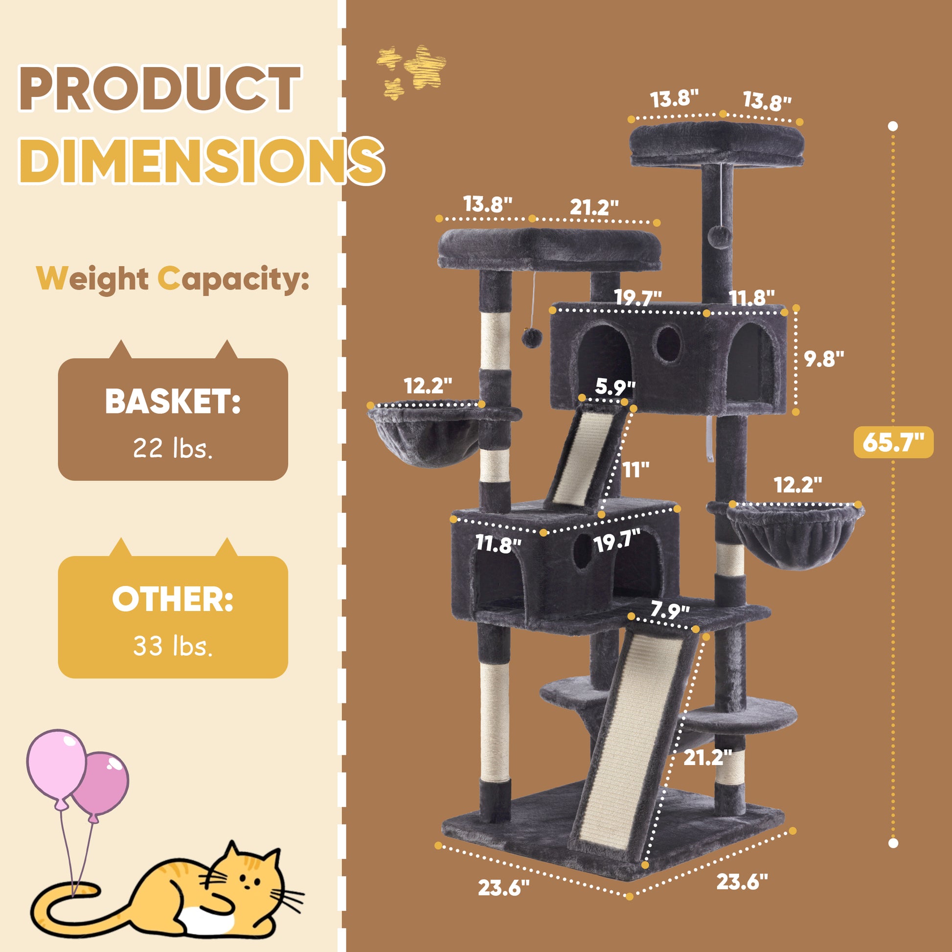 Einfach 65.7" Large Cat Tree and Tower Condo House with Hammock, 2 Scratching Boards & 5 Scratching Posts