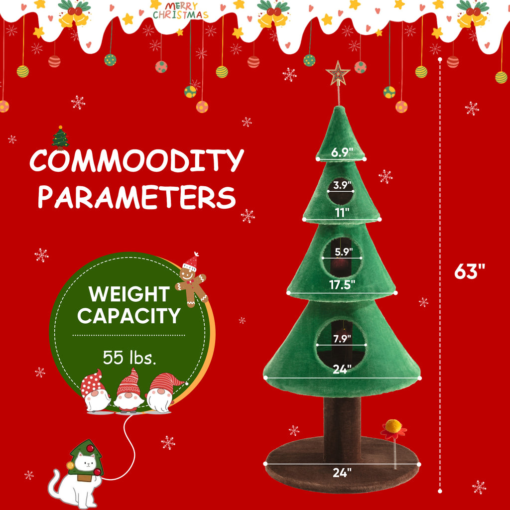 Einfach 63 inches Christmas Cat Tree and Tower Condo for Indoor Cats with Pom-Poms & Cat Teaser, Green & Brown