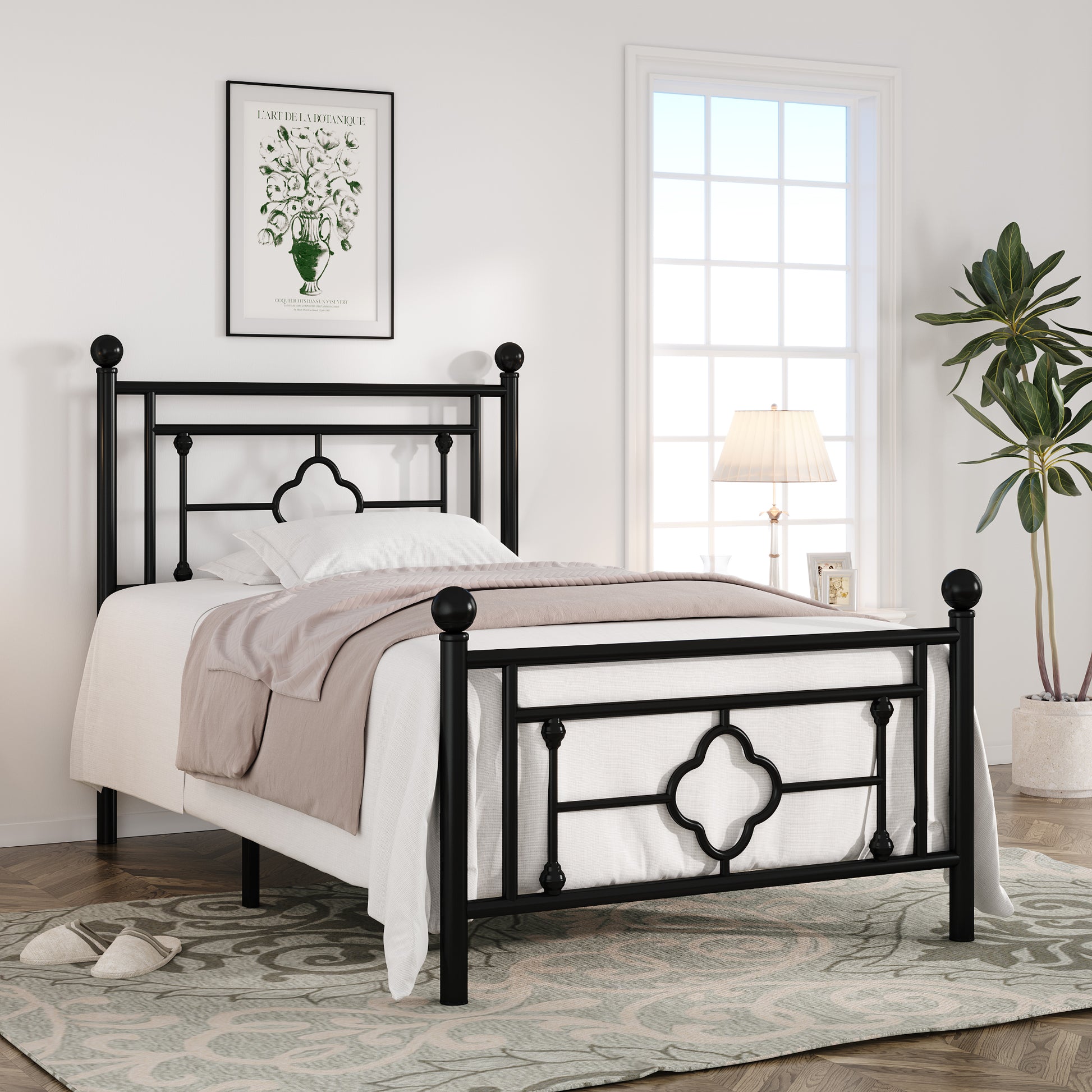 Einfach Heavy Metal Platfrom Bed Frame with Vintage Headboard Pattern