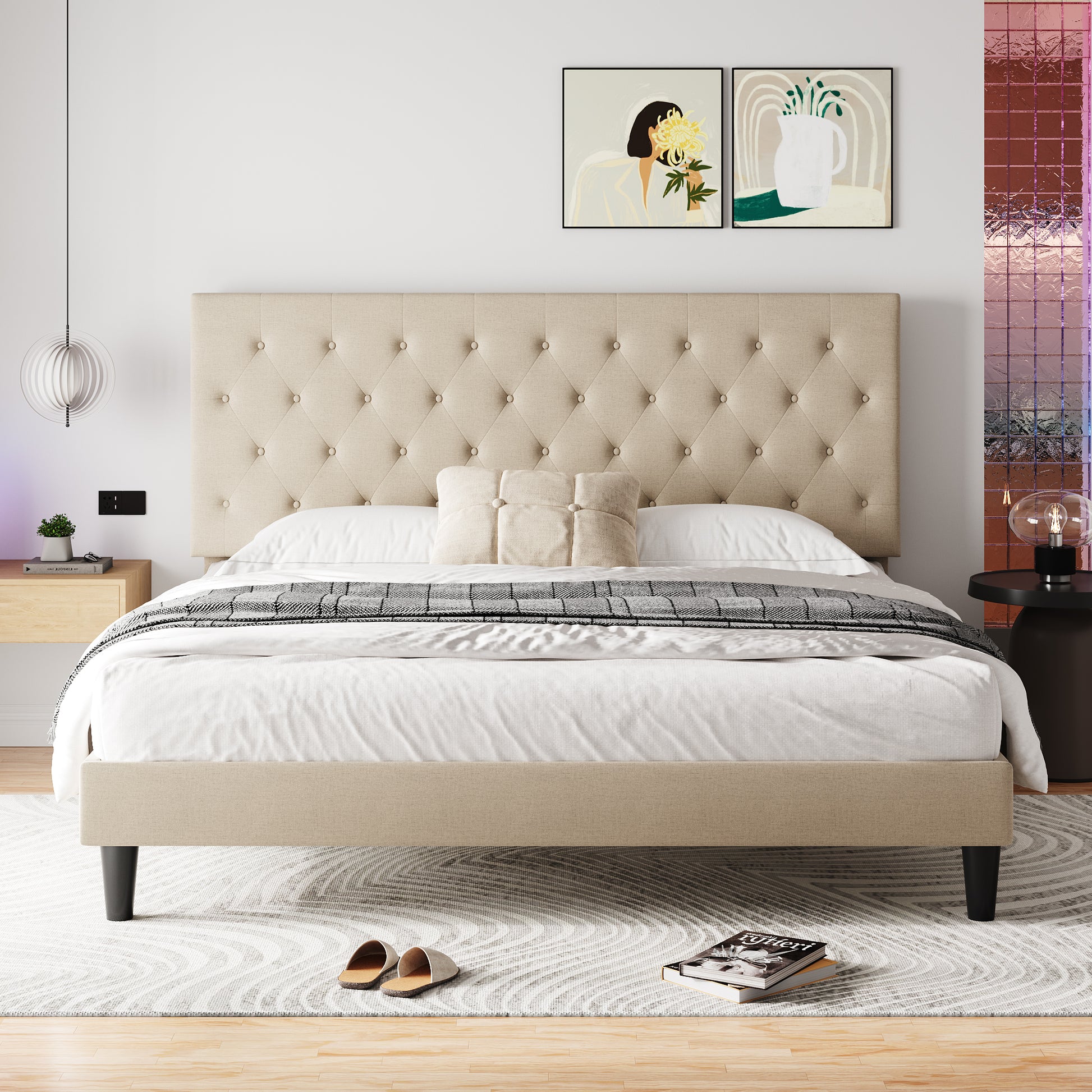Einfach Faux Leather Platform Bed Frame with Diamond Button-tufted Headboard