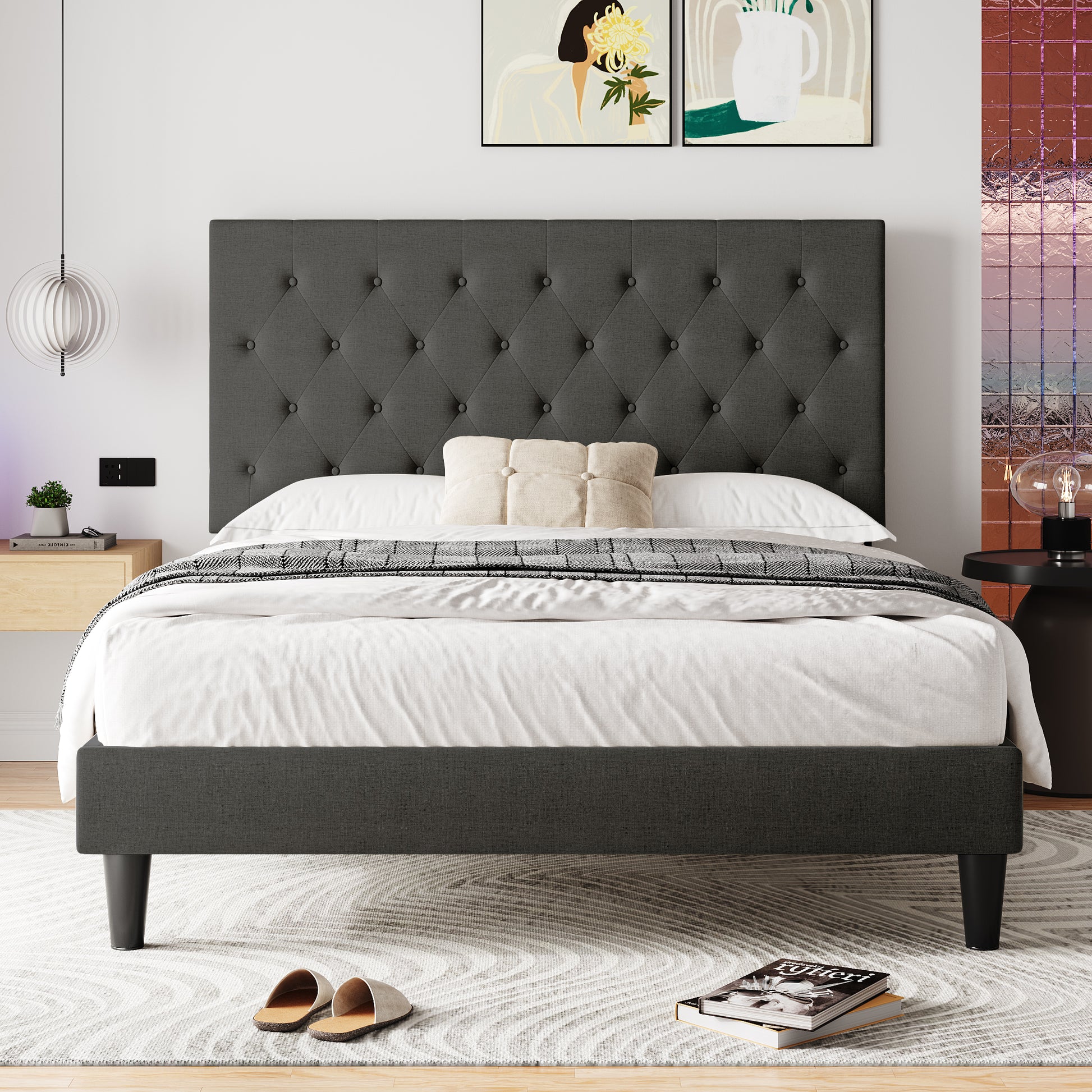 Einfach Faux Leather Platform Bed Frame with Diamond Button-tufted Headboard