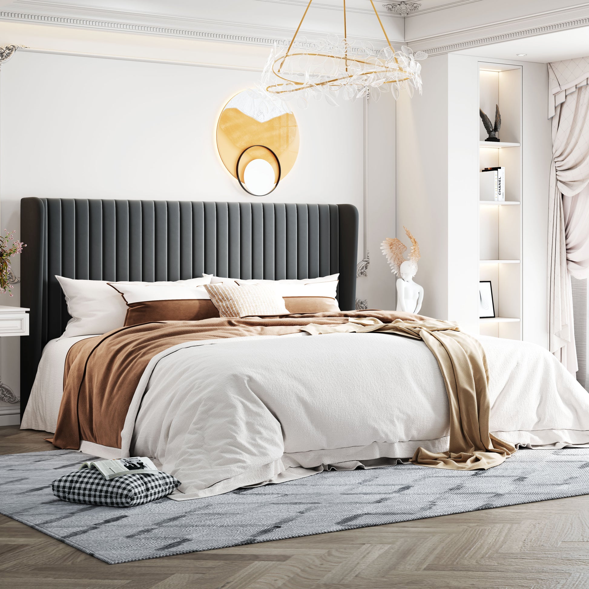Einfach Upholstered Bed Frame with Wingback Headboard, Vertical Tufted, Velvet Finish