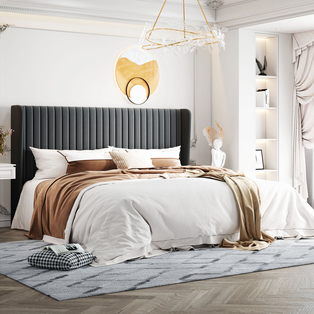 Einfach Upholstered Bed Frame with Wingback Headboard, Vertical Tufted, Velvet Finish