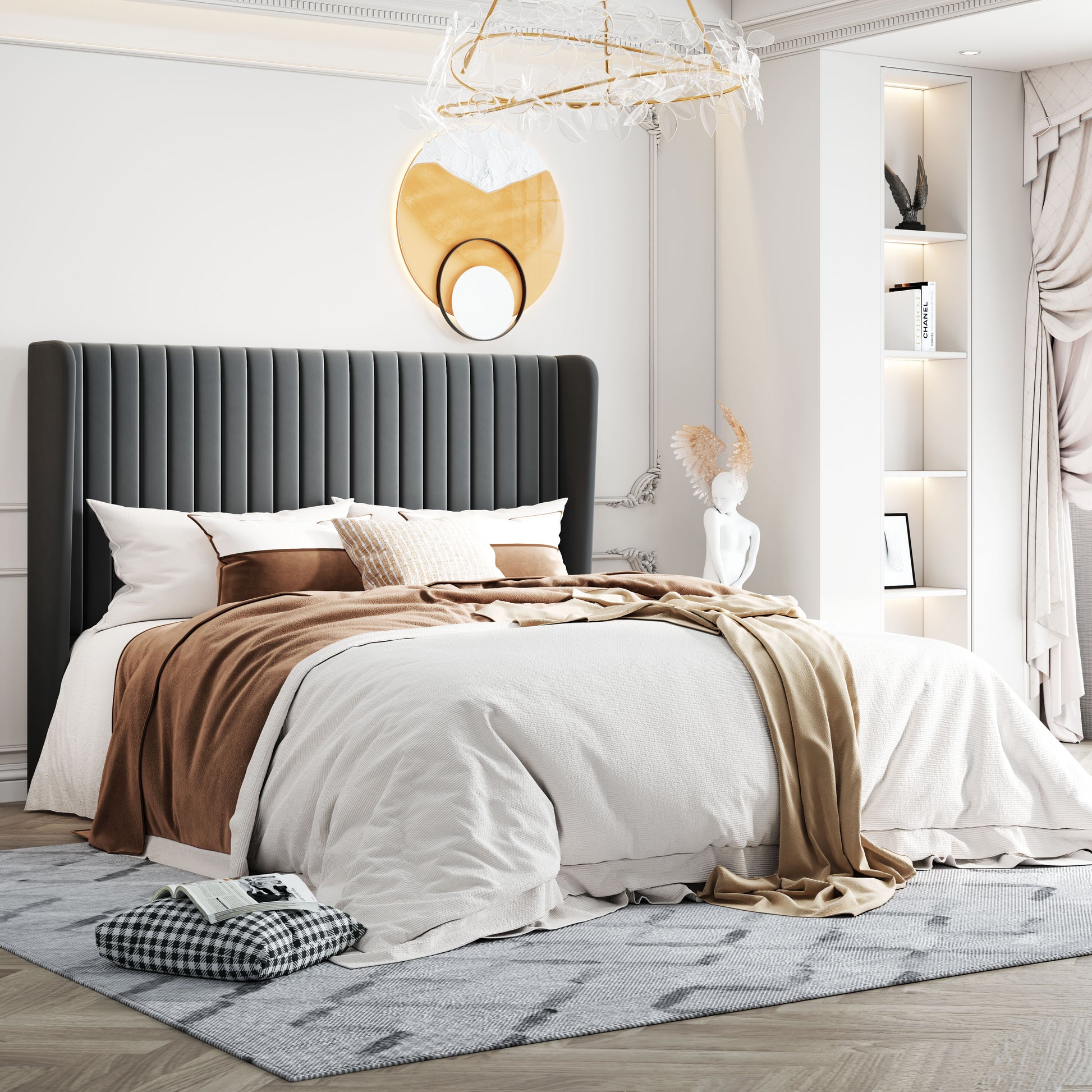 Einfach Upholstered Bed Frame with Wingback Headboard, Vertical Tufted, Velvet Finish