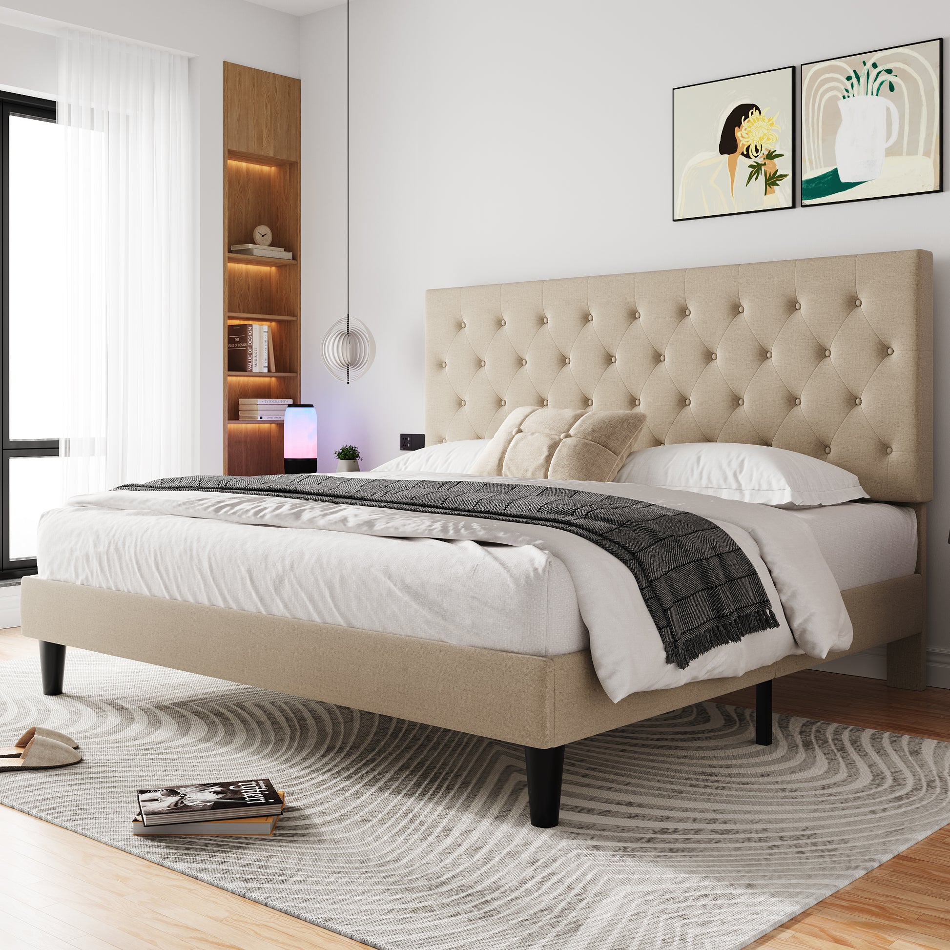 Einfach Faux Leather Platform Bed Frame with Diamond Button-tufted Headboard
