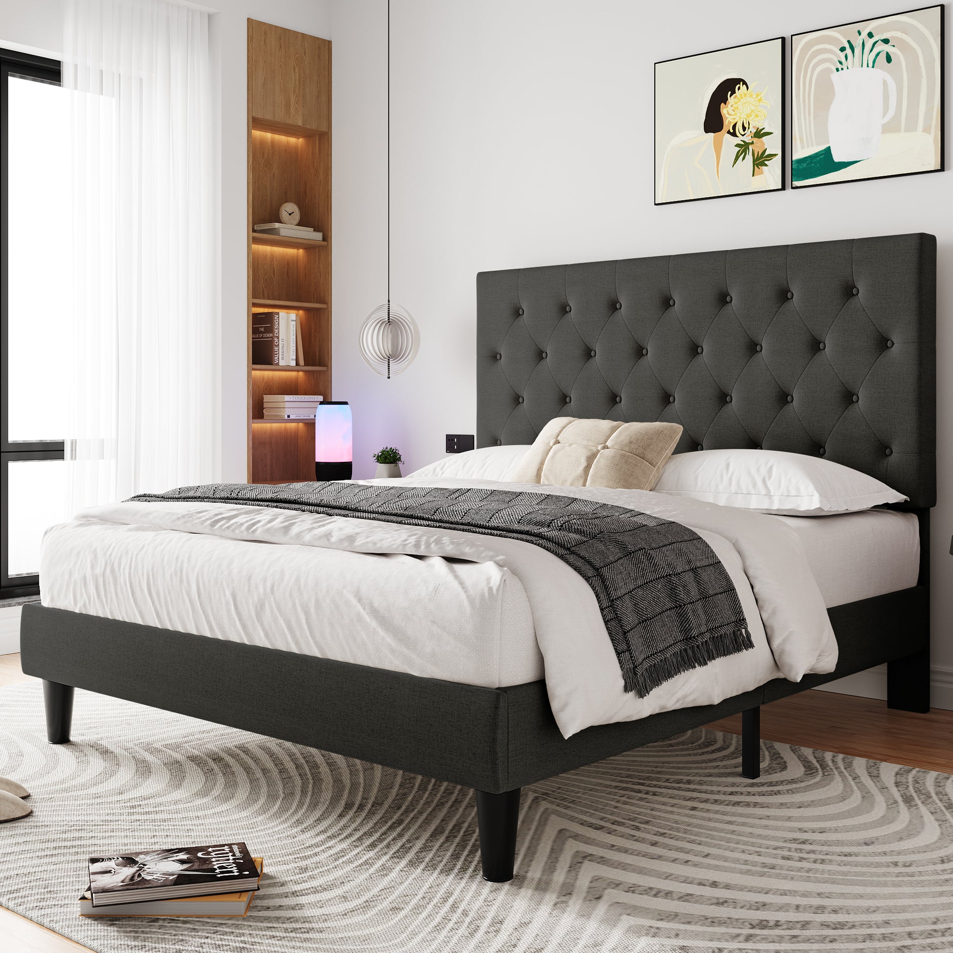 Einfach Faux Leather Platform Bed Frame with Diamond Button-tufted Headboard