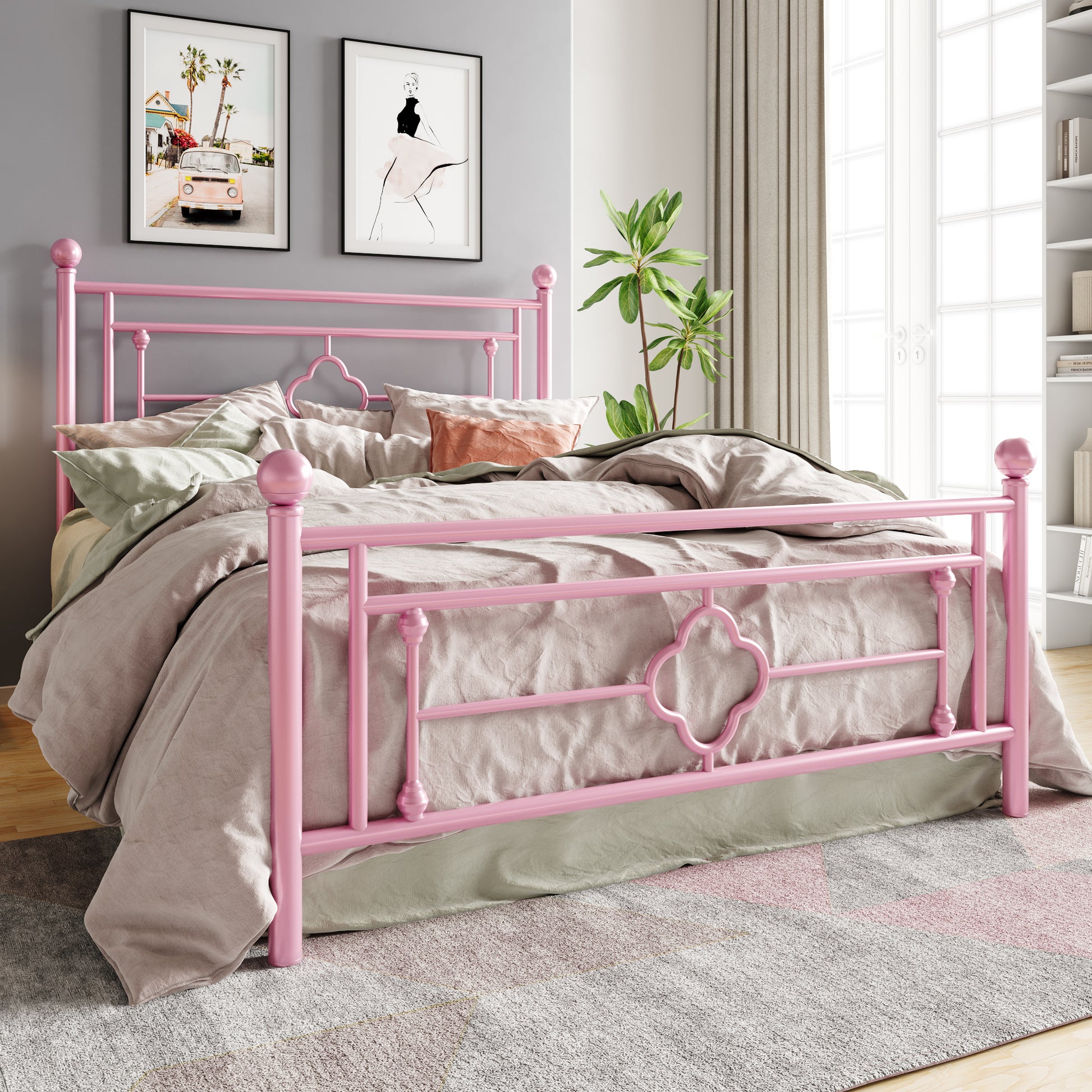 Einfach Heavy Metal Platfrom Bed Frame with Vintage Headboard Pattern