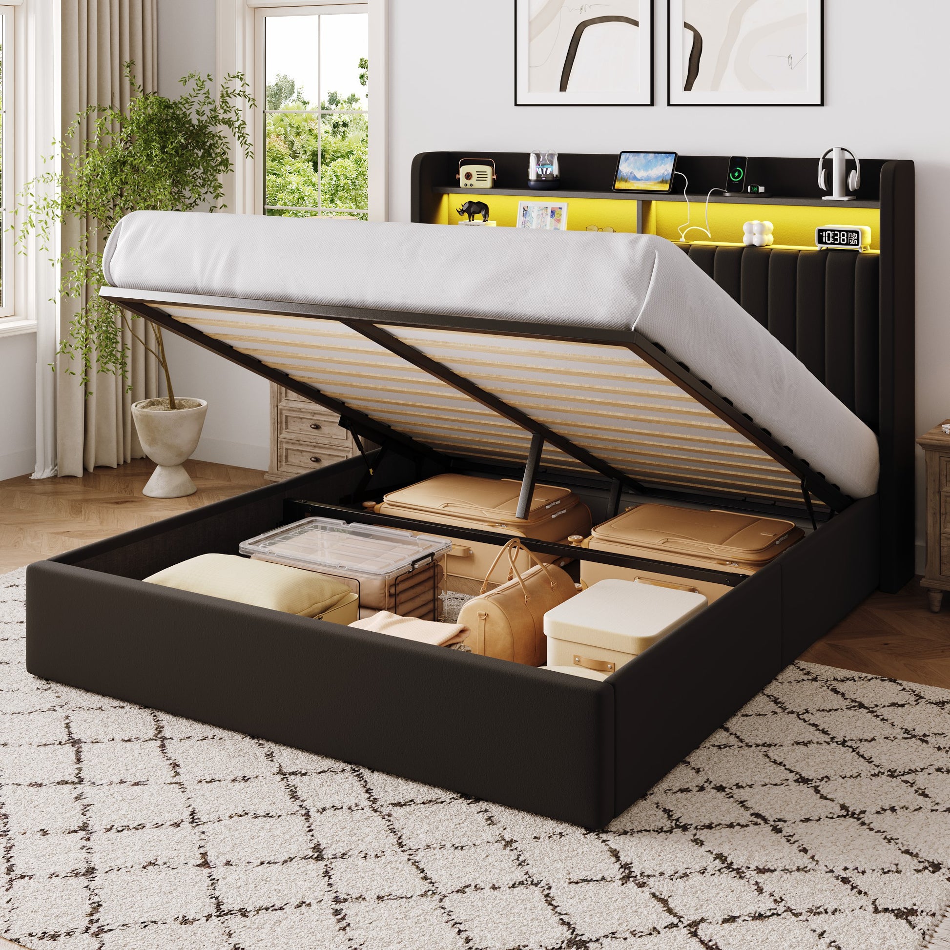 Einfach Lift Up Storage Bed Frame, Hydraulic Bed with LED Wingback Headboard, Fast Charging Station and 2-Tier Shelves