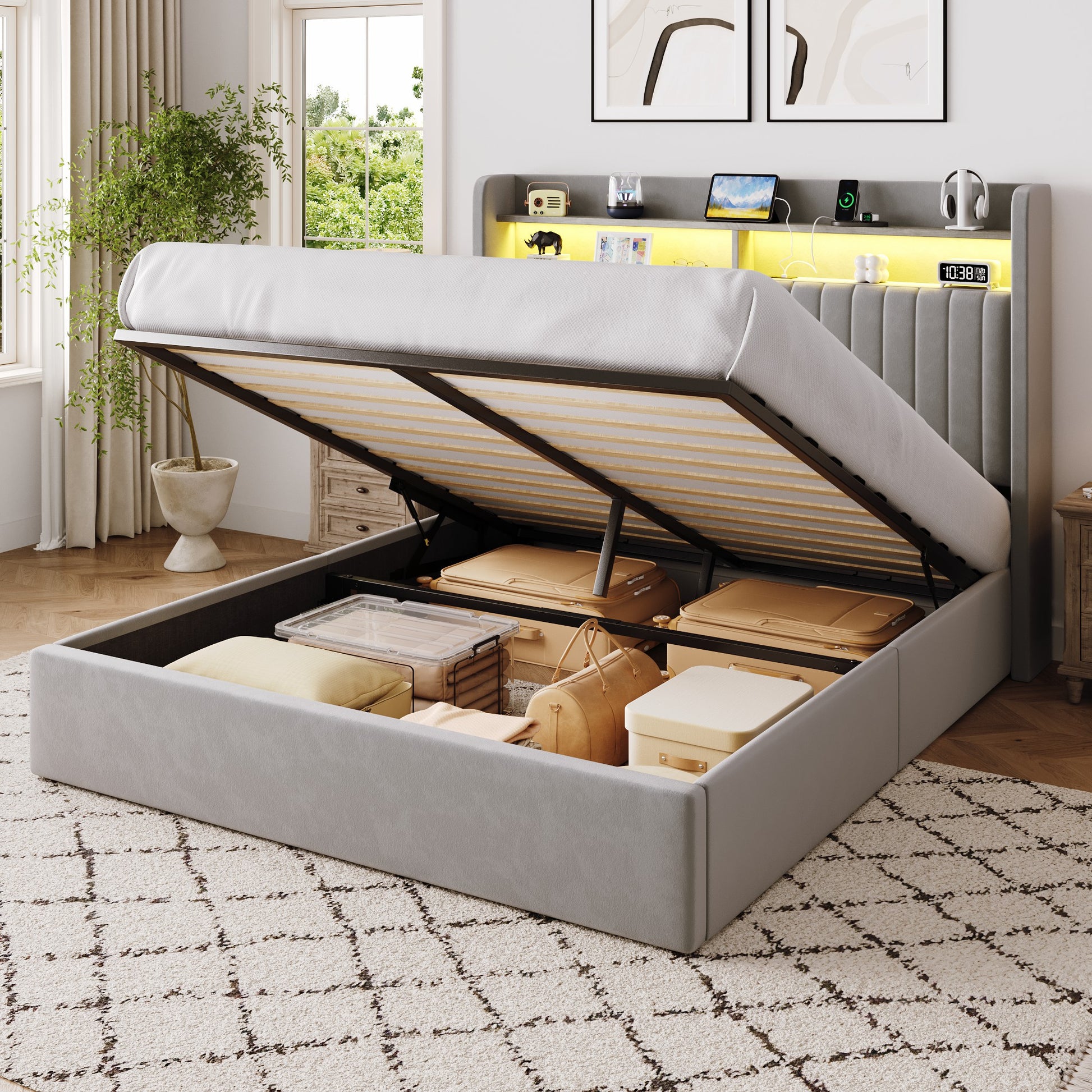 Einfach Lift Up Storage Bed Frame, Hydraulic Bed with LED Wingback Headboard, Fast Charging Station and 2-Tier Shelves