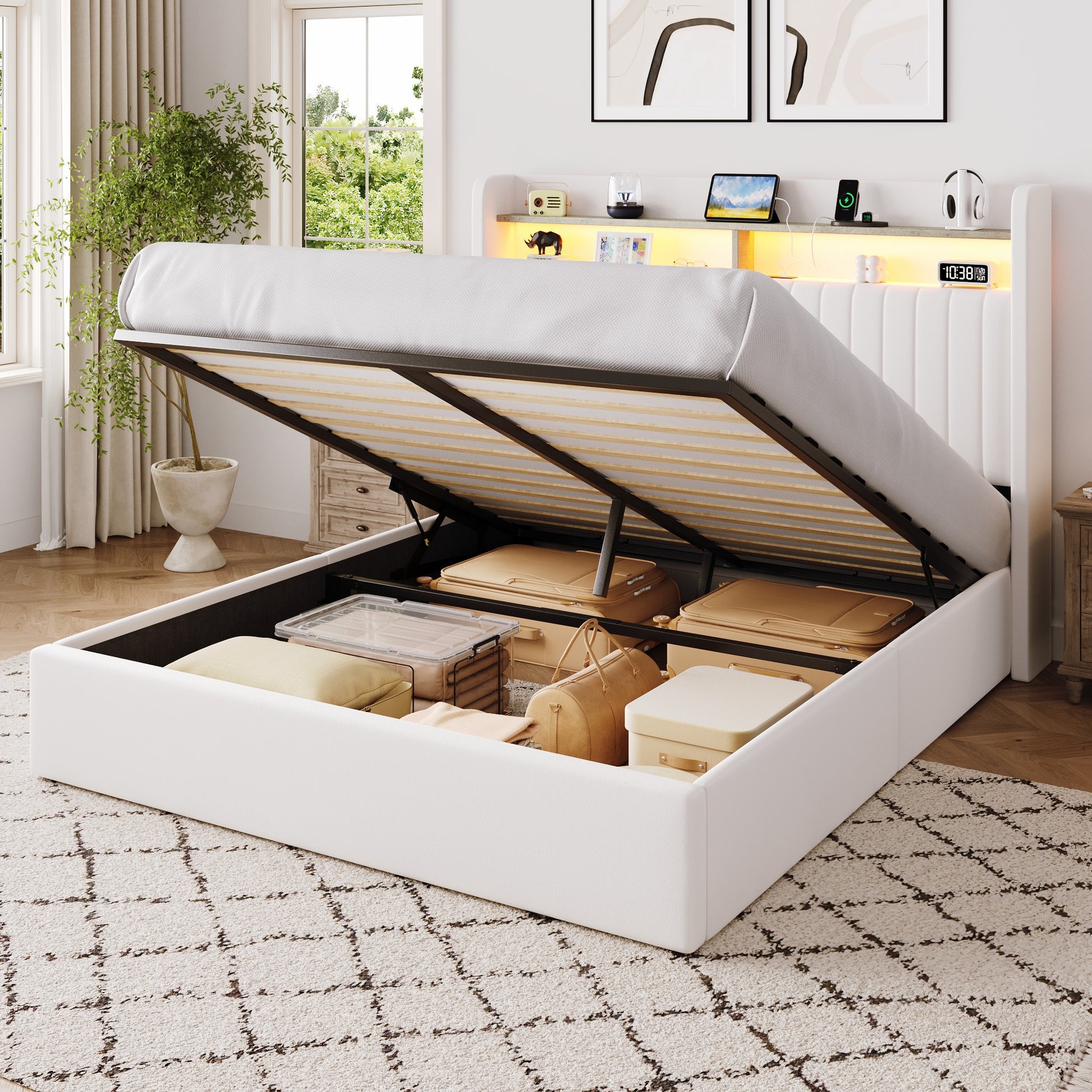 Einfach Lift Up Storage Bed Frame, Hydraulic Bed with LED Wingback Headboard, Fast Charging Station and 2-Tier Shelves