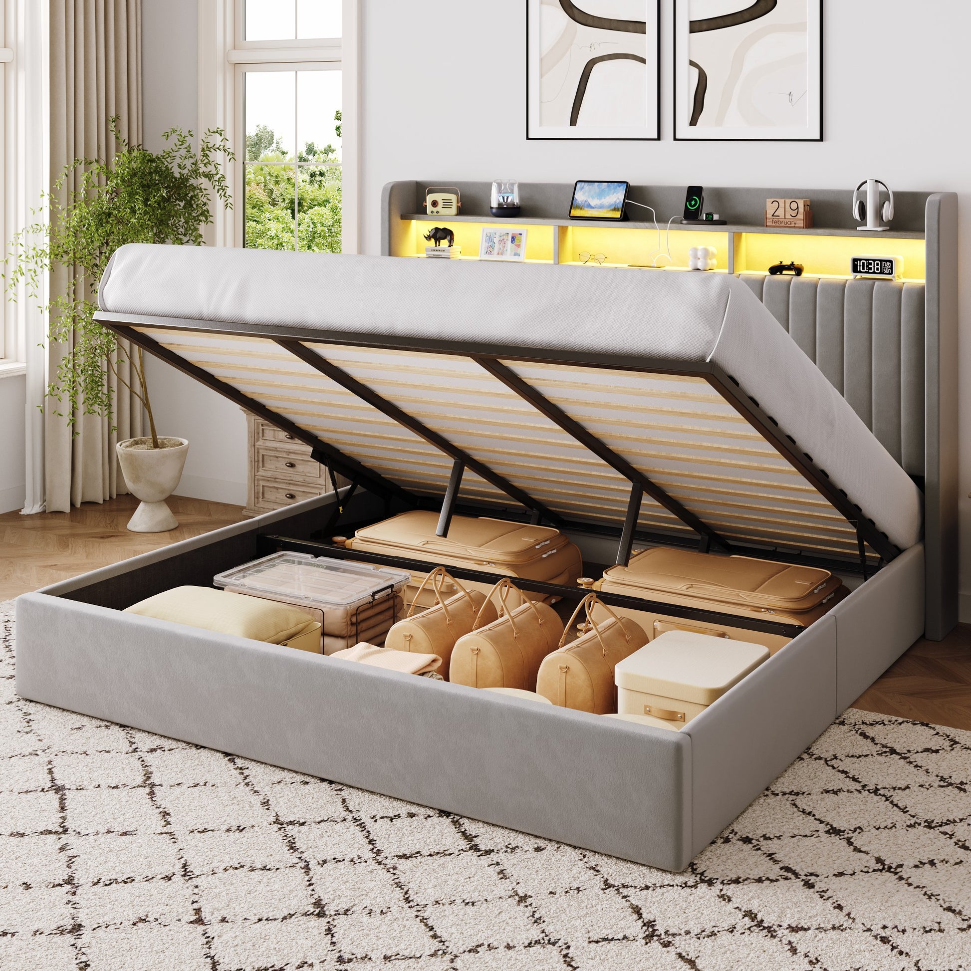 Einfach Lift Up Storage Bed Frame, Hydraulic Bed with LED Wingback Headboard, Fast Charging Station and 2-Tier Shelves