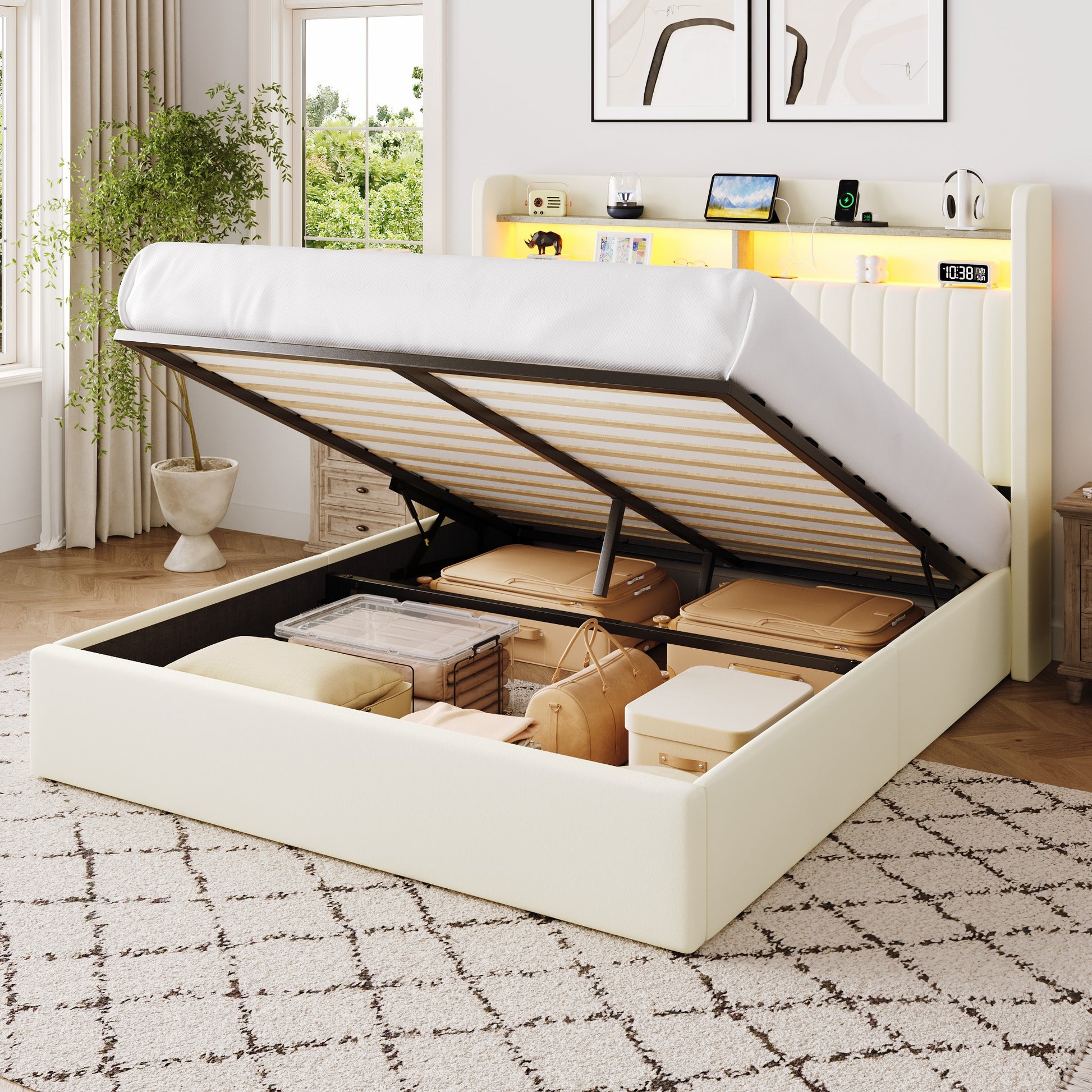Einfach Lift Up Storage Bed Frame, Hydraulic Bed with LED Wingback Headboard, Fast Charging Station and 2-Tier Shelves