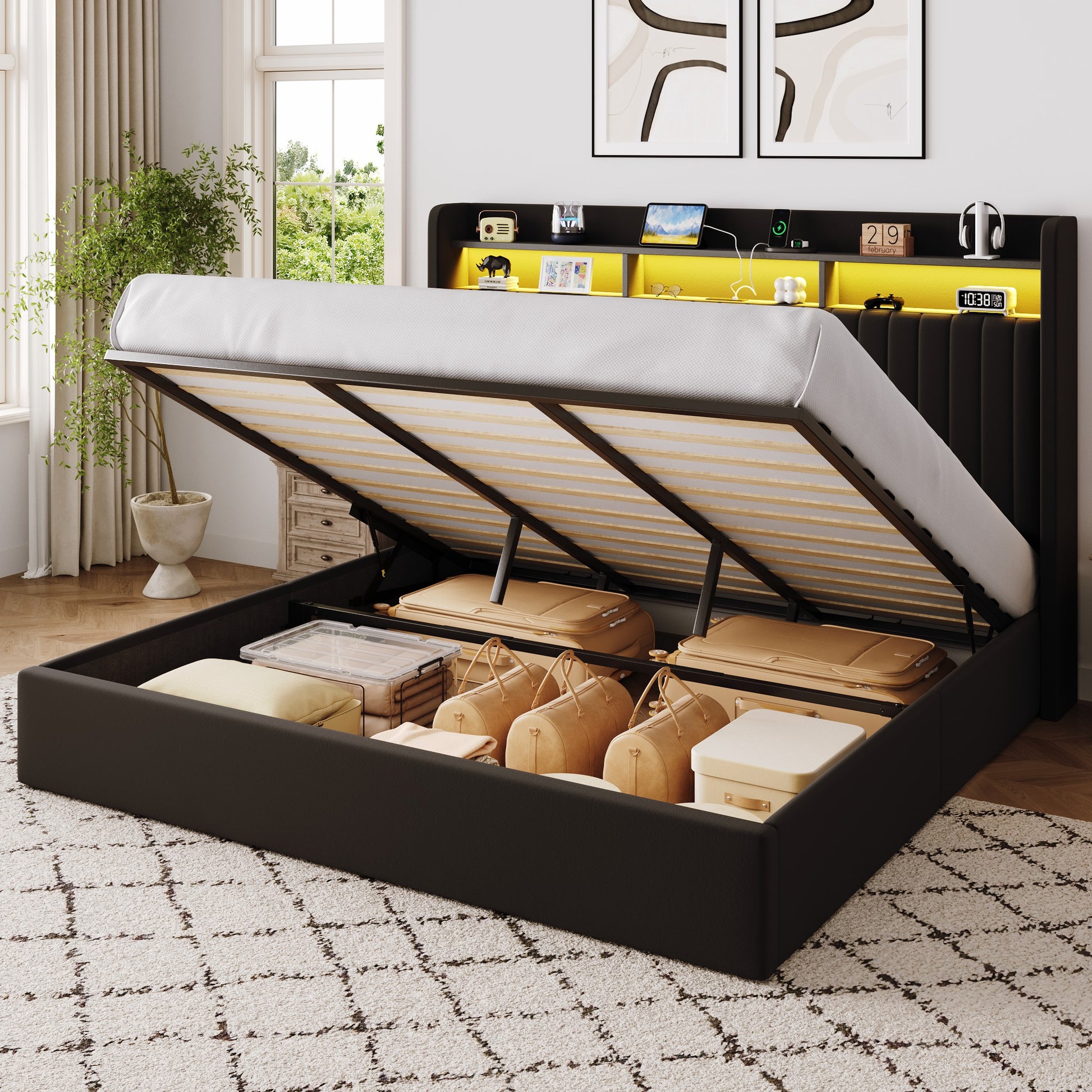 Einfach Lift Up Storage Bed Frame, Hydraulic Bed with LED Wingback Headboard, Fast Charging Station and 2-Tier Shelves
