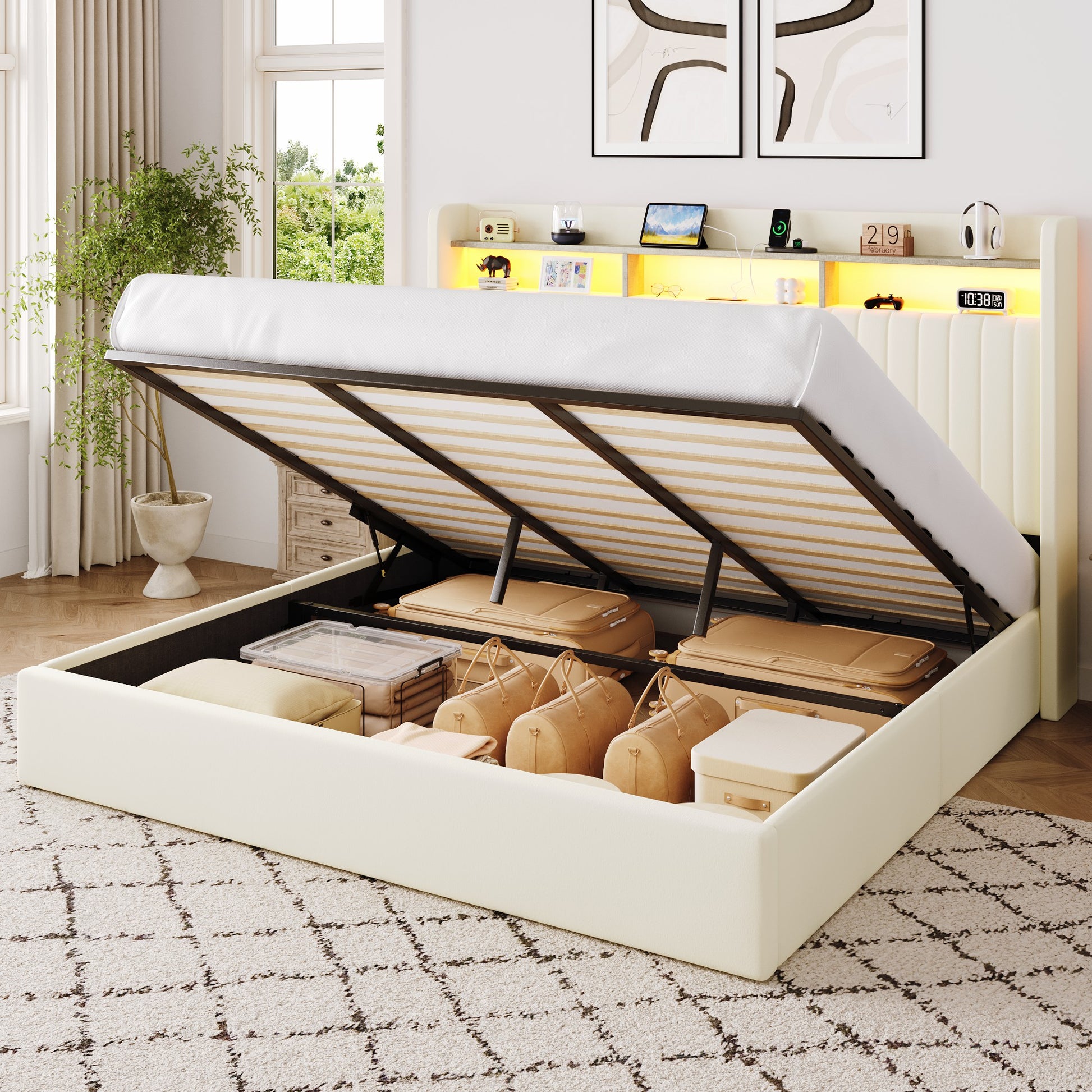 Einfach Lift Up Storage Bed Frame, Hydraulic Bed with LED Wingback Headboard, Fast Charging Station and 2-Tier Shelves