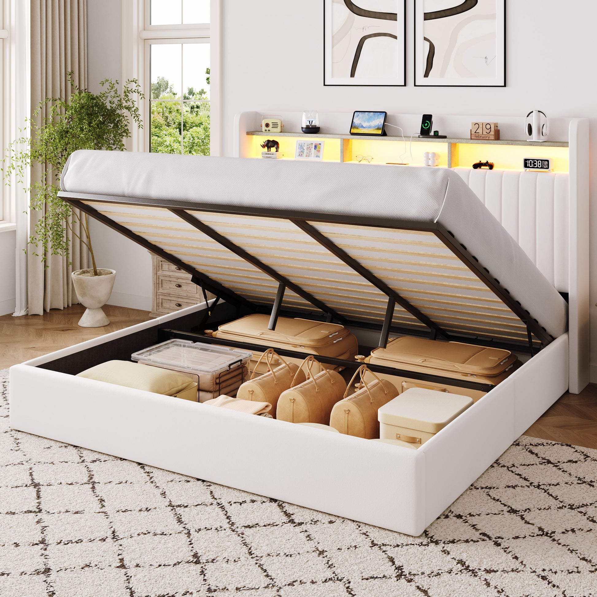 Einfach Lift Up Storage Bed Frame, Hydraulic Bed with LED Wingback Headboard, Fast Charging Station and 2-Tier Shelves