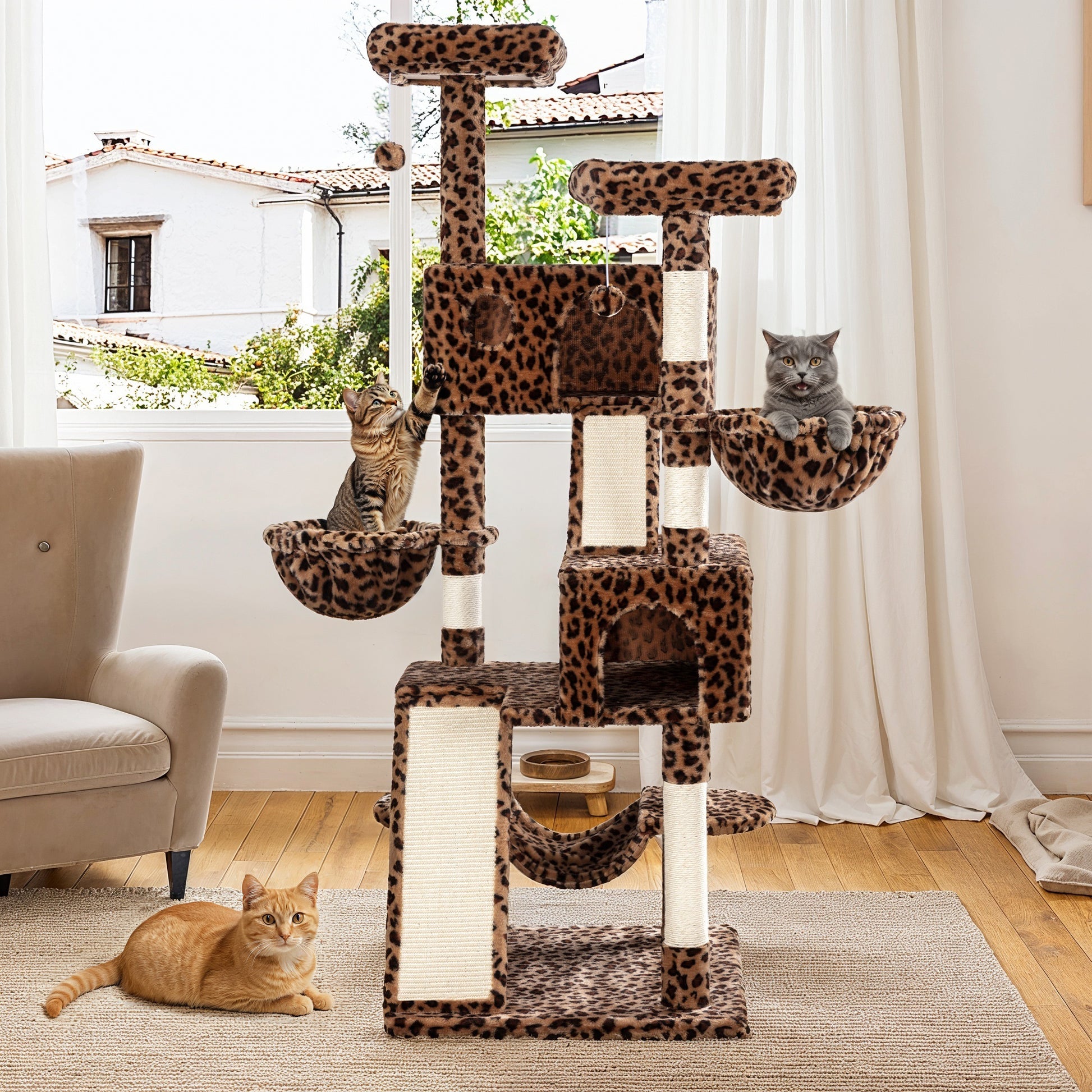 Einfach 65.7" Large Cat Tree and Tower Condo House with Hammock, 2 Scratching Boards & 5 Scratching Posts