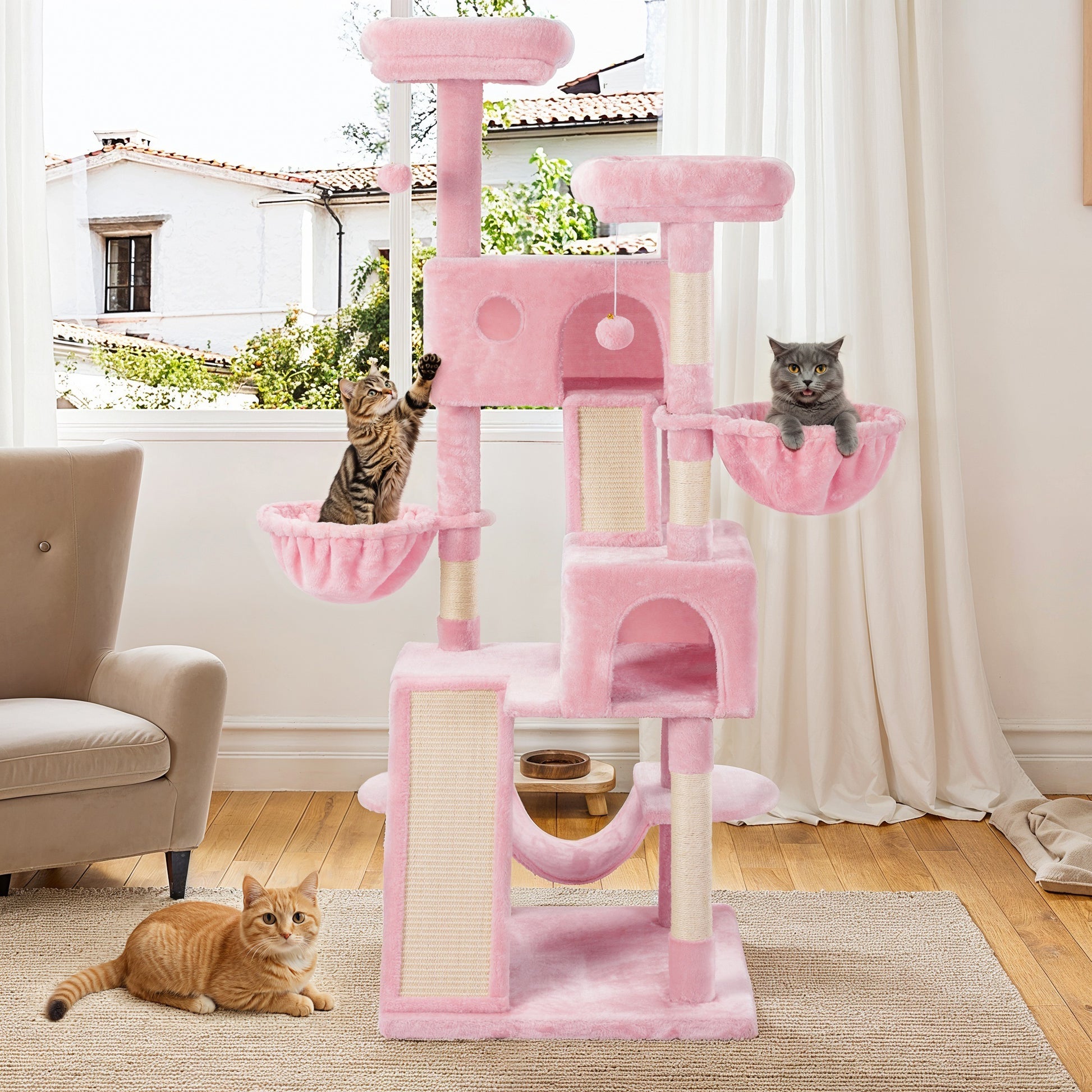 Einfach 65.7" Large Cat Tree and Tower Condo House with Hammock, 2 Scratching Boards & 5 Scratching Posts