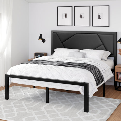 Einfach Bed Frame Geometric Litchi Grain Leather Upholstered Headboard, Black