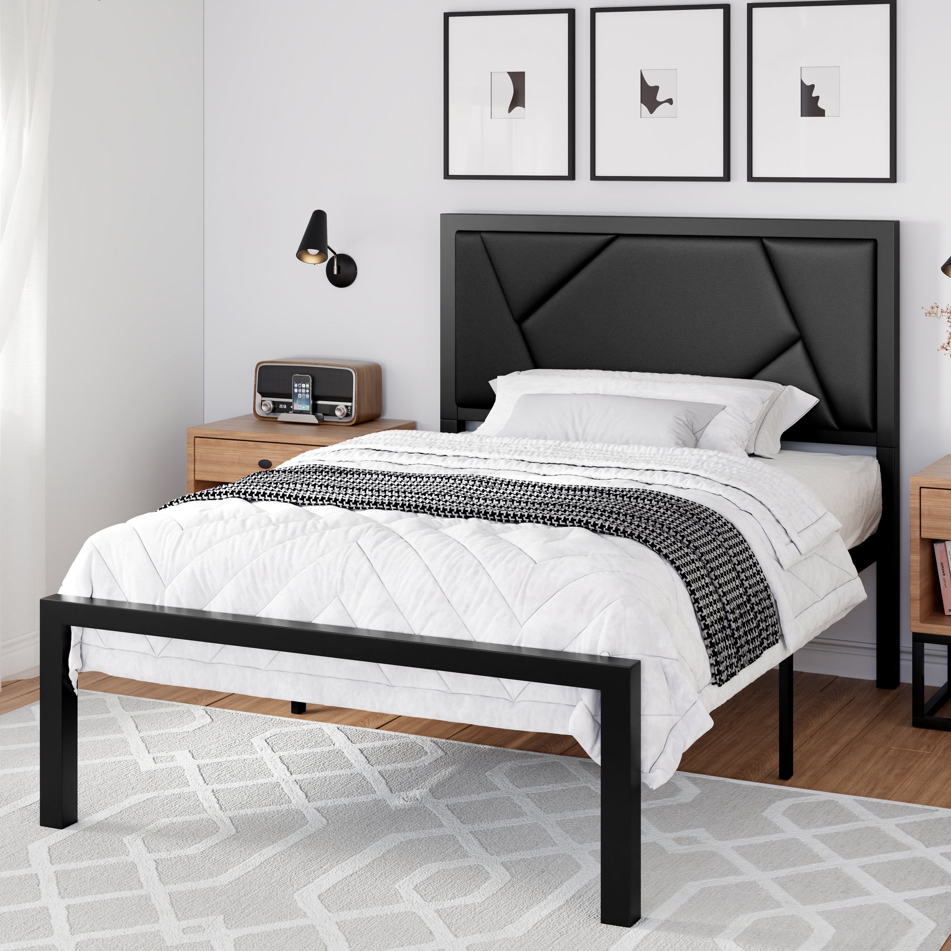 Einfach Bed Frame Geometric Litchi Grain Leather Upholstered Headboard, Black