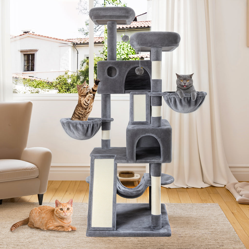 Einfach 65.7" Large Cat Tree and Tower Condo House with Hammock, 2 Scratching Boards & 5 Scratching Posts