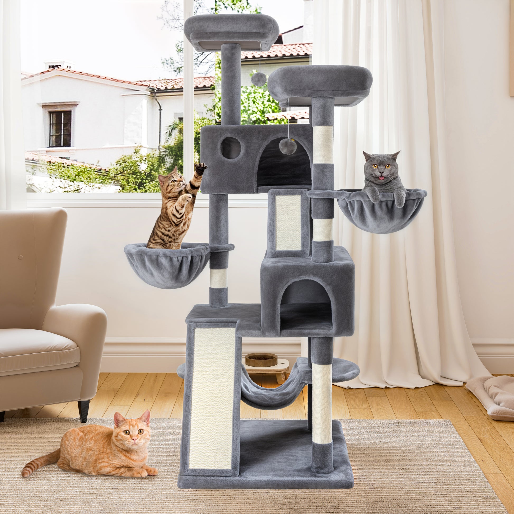 Einfach 65.7" Large Cat Tree and Tower Condo House with Hammock, 2 Scratching Boards & 5 Scratching Posts