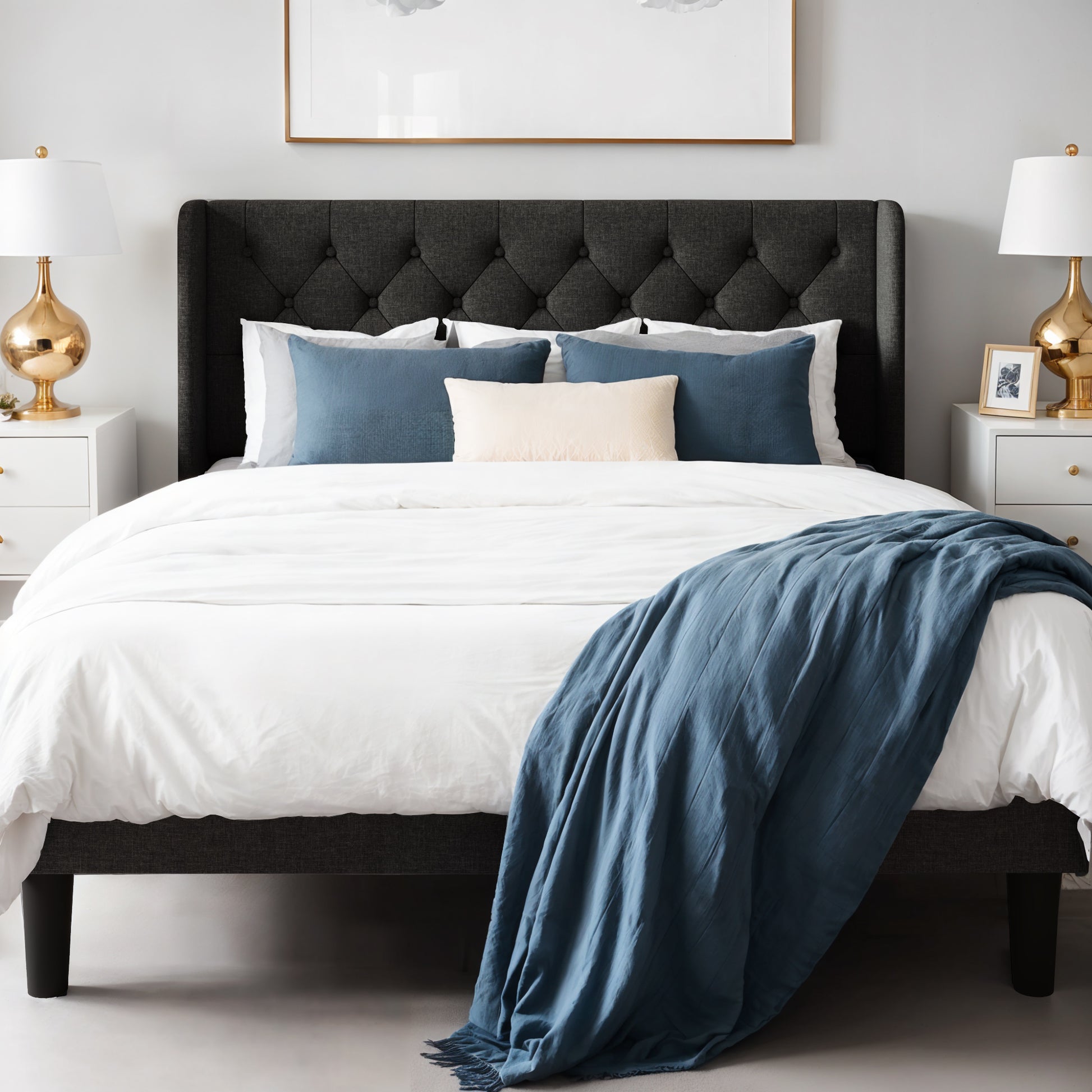 Einfach Upholstered Platform Bed with Classic Button Tufted Headboard, Wingback Design