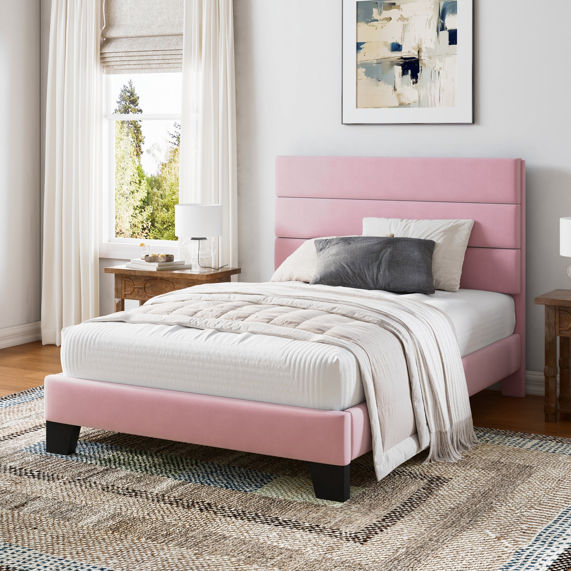 Einfach Bed Frame, Platform Bed Frame with Panel Upholstered Headboard