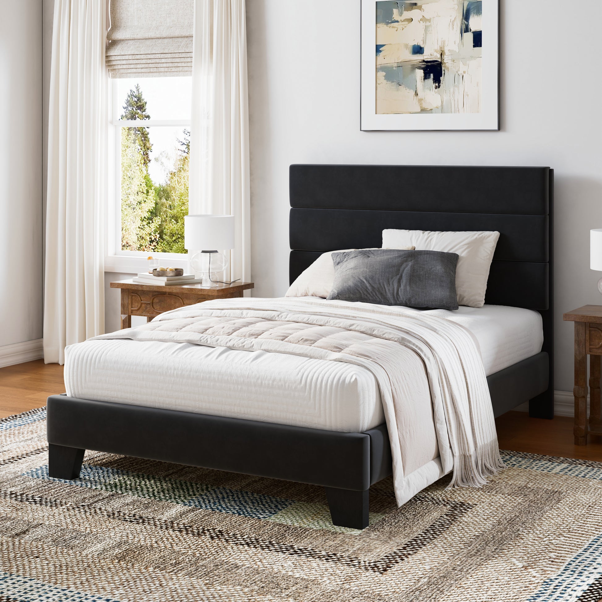 Einfach Bed Frame, Platform Bed Frame with Panel Upholstered Headboard