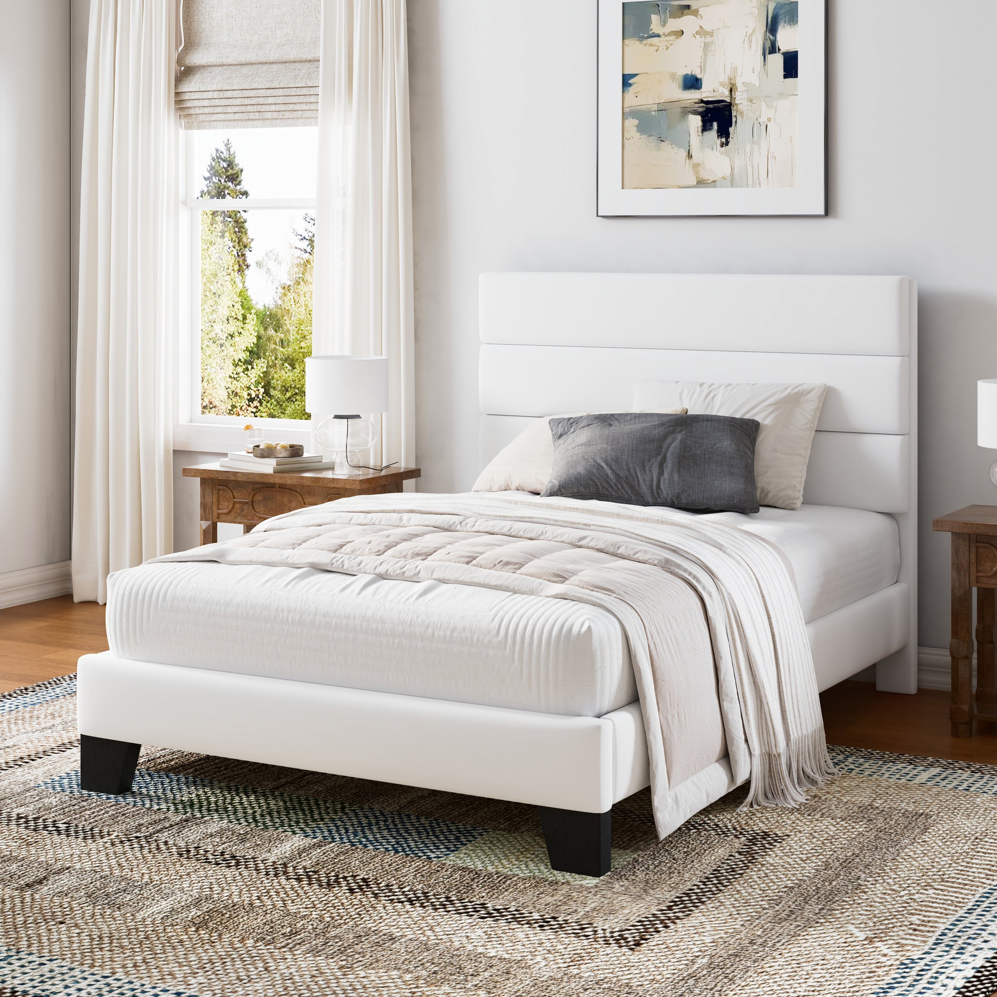 Einfach Bed Frame, Platform Bed Frame with Panel Upholstered Headboard