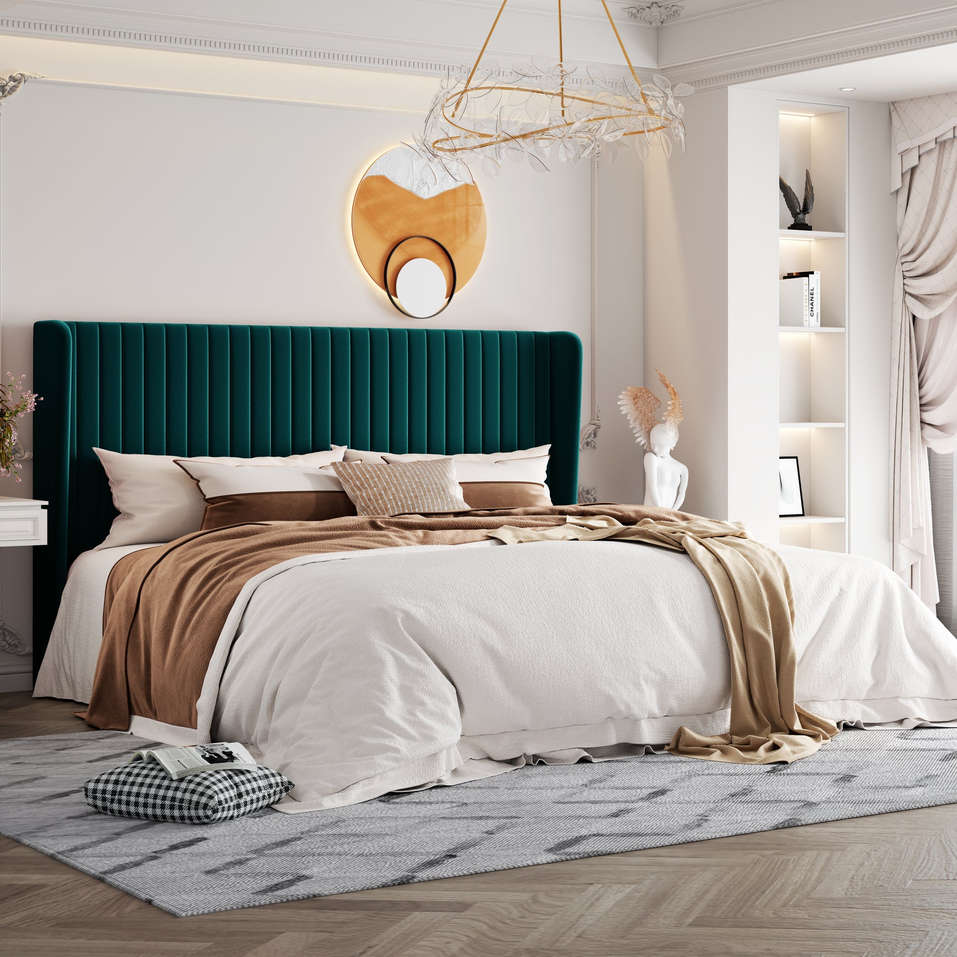 Einfach Upholstered Bed Frame with Wingback Headboard, Vertical Tufted, Velvet Finish
