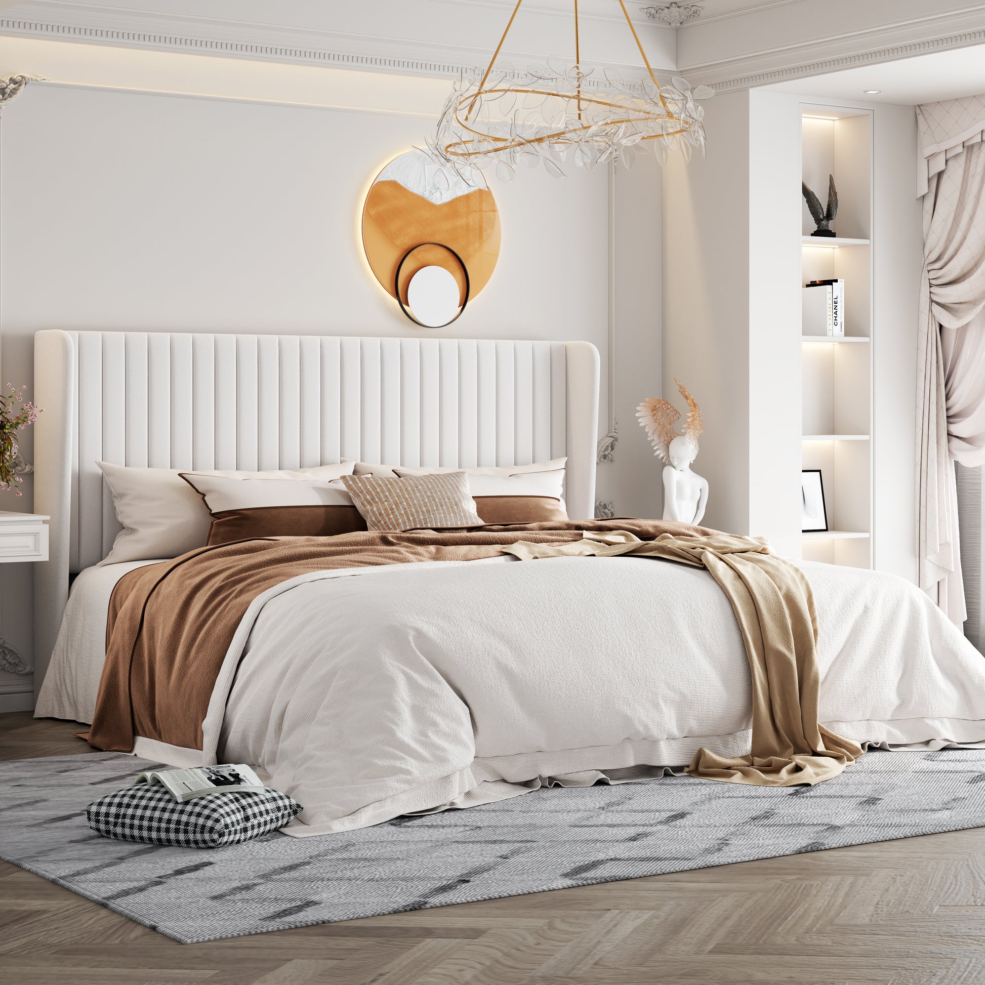 Einfach Upholstered Bed Frame with Wingback Headboard, Vertical Tufted, Velvet Finish