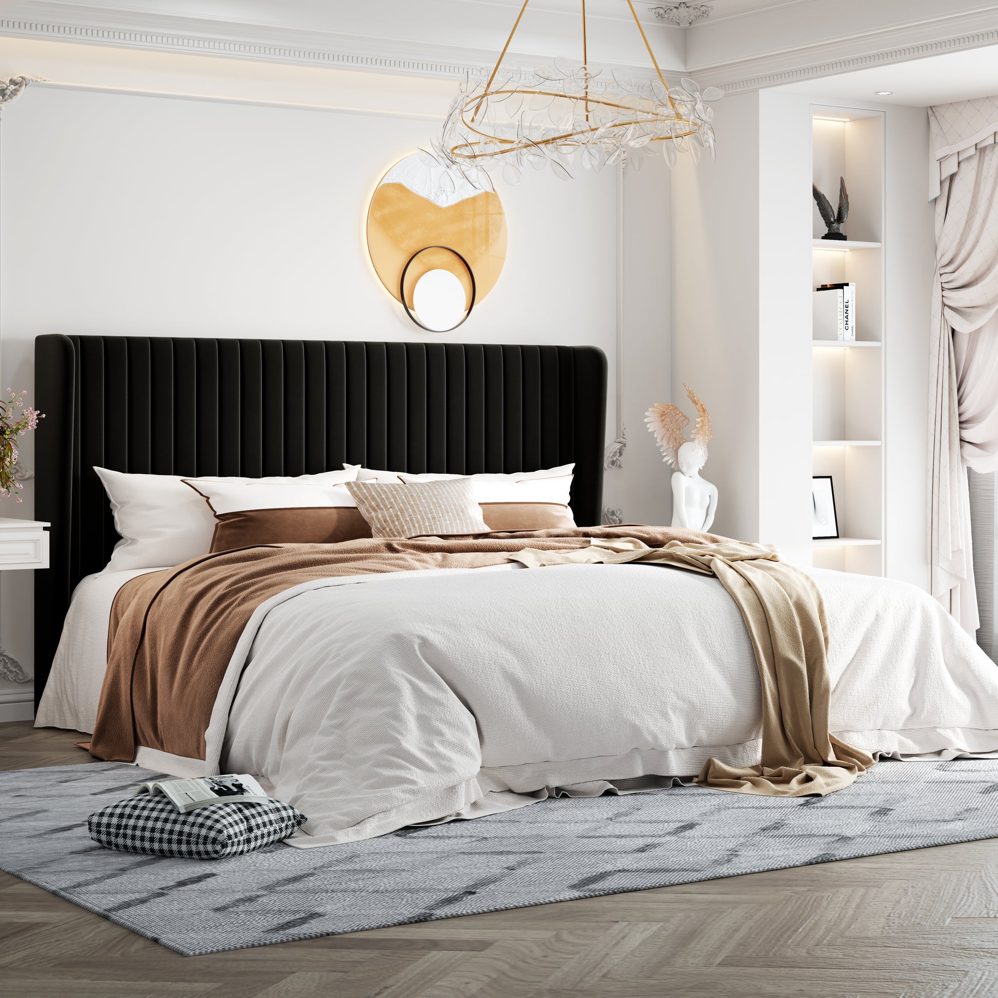 Einfach Upholstered Bed Frame with Wingback Headboard, Vertical Tufted, Velvet Finish