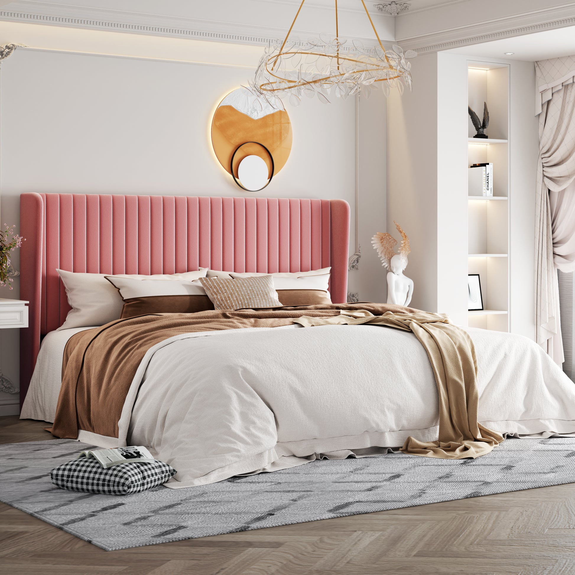 Einfach Upholstered Bed Frame with Wingback Headboard, Vertical Tufted, Velvet Finish