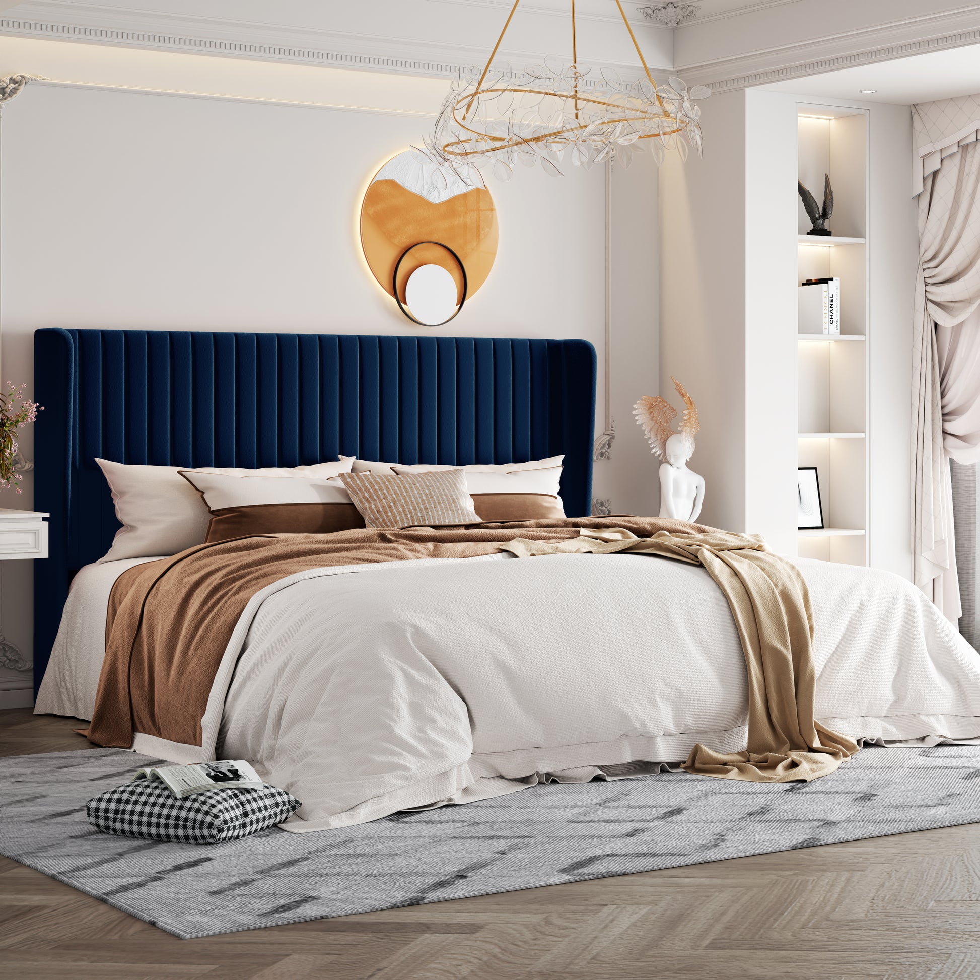 Einfach Upholstered Bed Frame with Wingback Headboard, Vertical Tufted, Velvet Finish