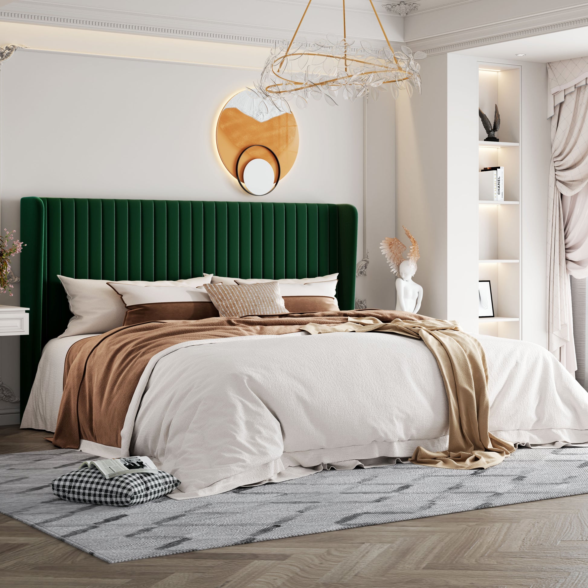 Einfach Upholstered Bed Frame with Wingback Headboard, Vertical Tufted, Velvet Finish