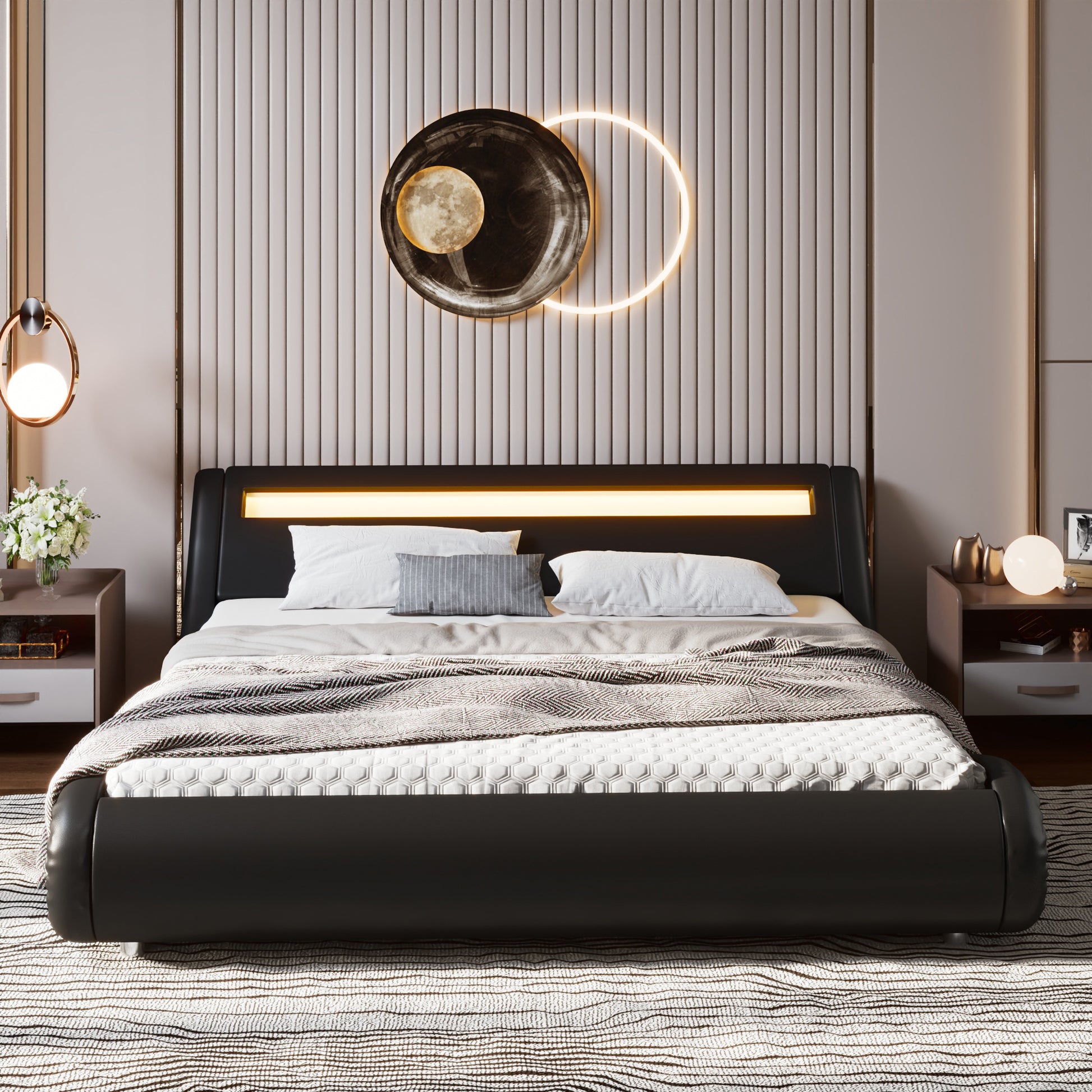 Einfach Faux Leather LED Sleigh Bed with Functional Headboard