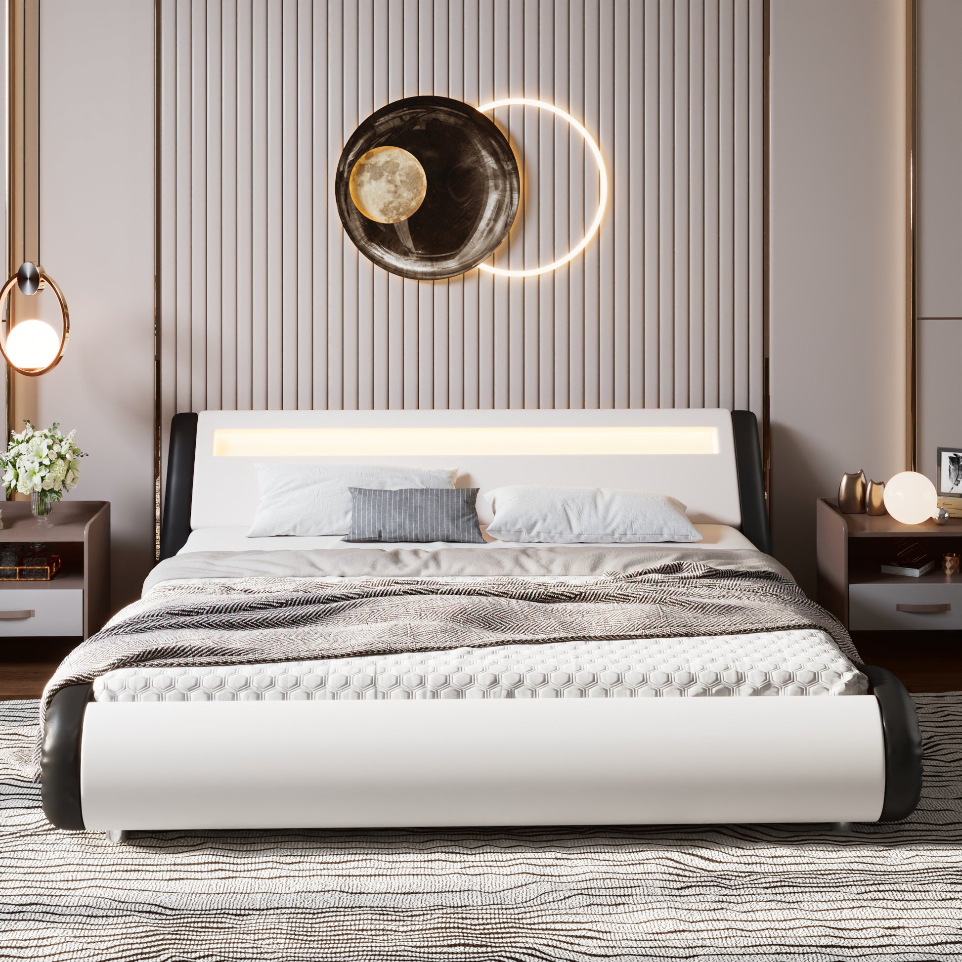 Einfach Faux Leather LED Sleigh Bed with Functional Headboard