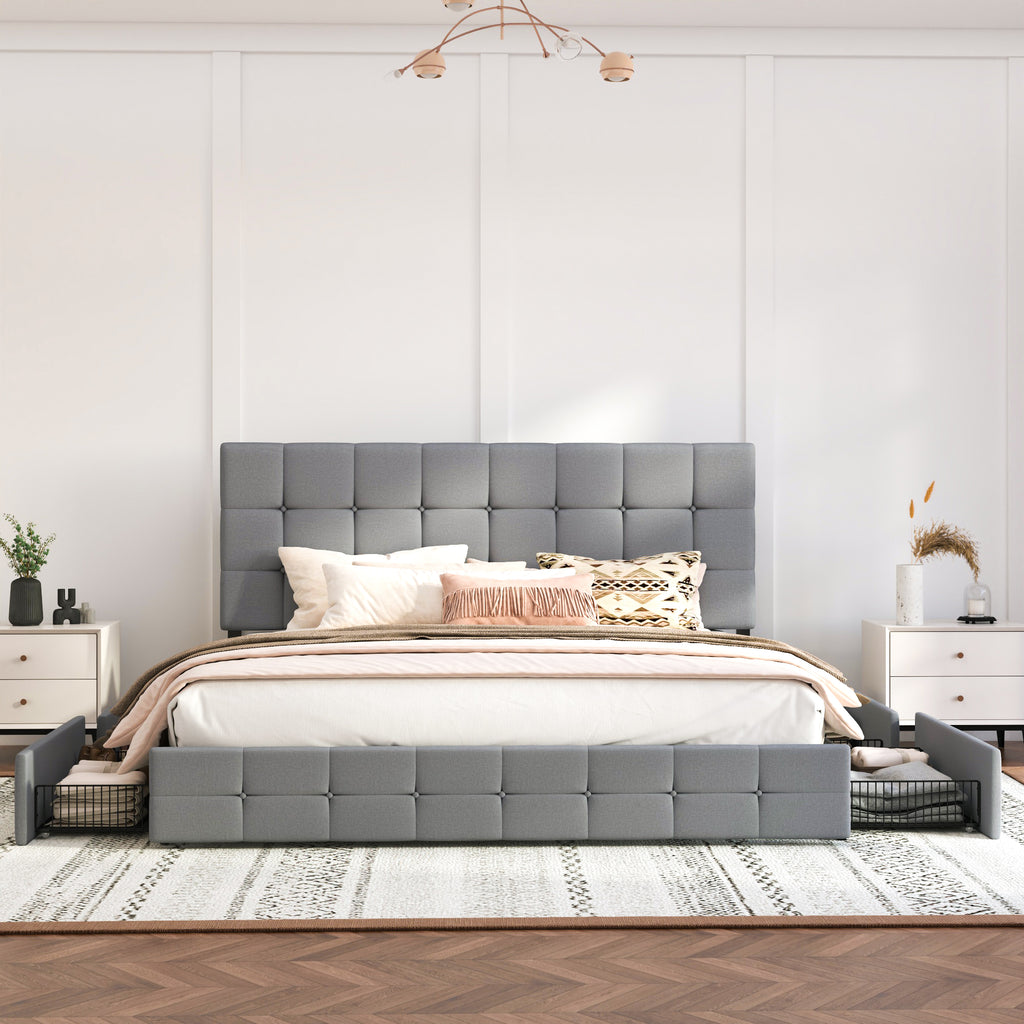 Einfach Linen Fabirc Platform Bed with 4 Big Storage Drawers, Adjustable Headboard