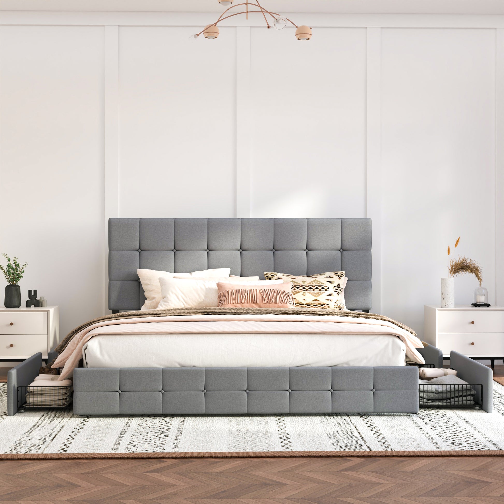 Einfach Linen Fabirc Platform Bed with 4 Big Storage Drawers, Adjustable Headboard