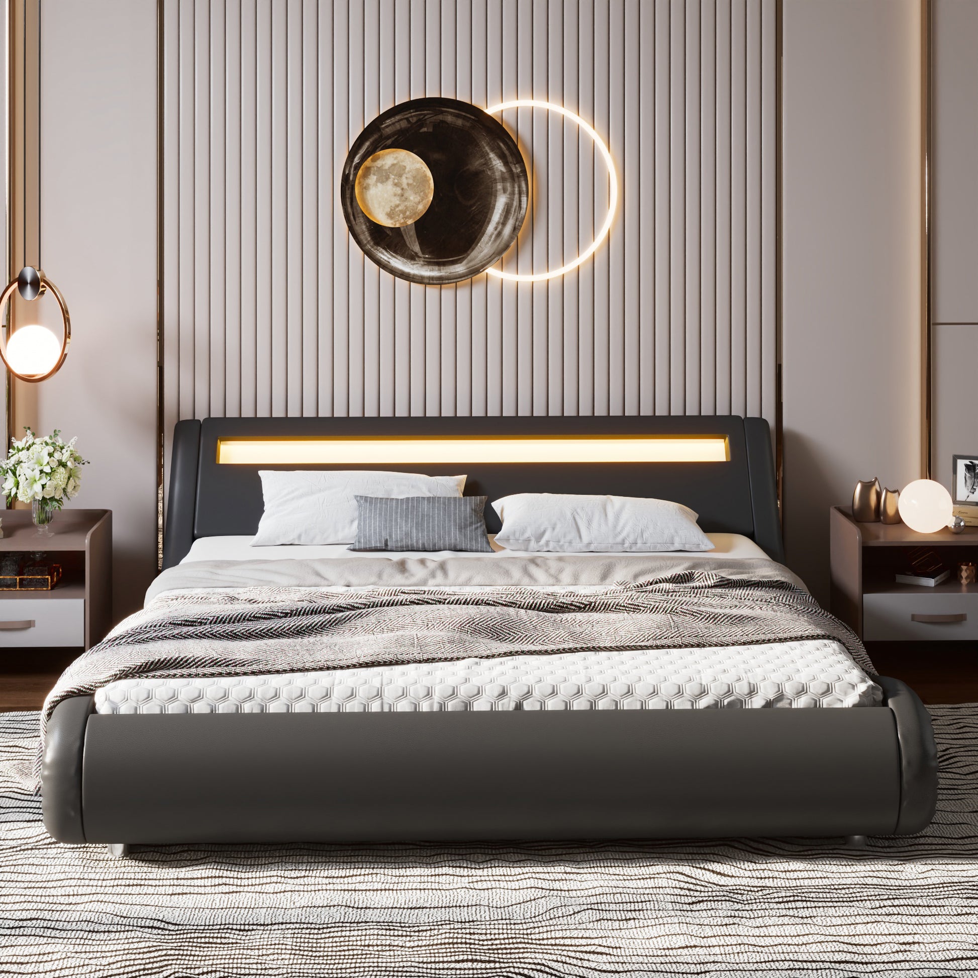 Einfach Faux Leather LED Sleigh Bed with Functional Headboard