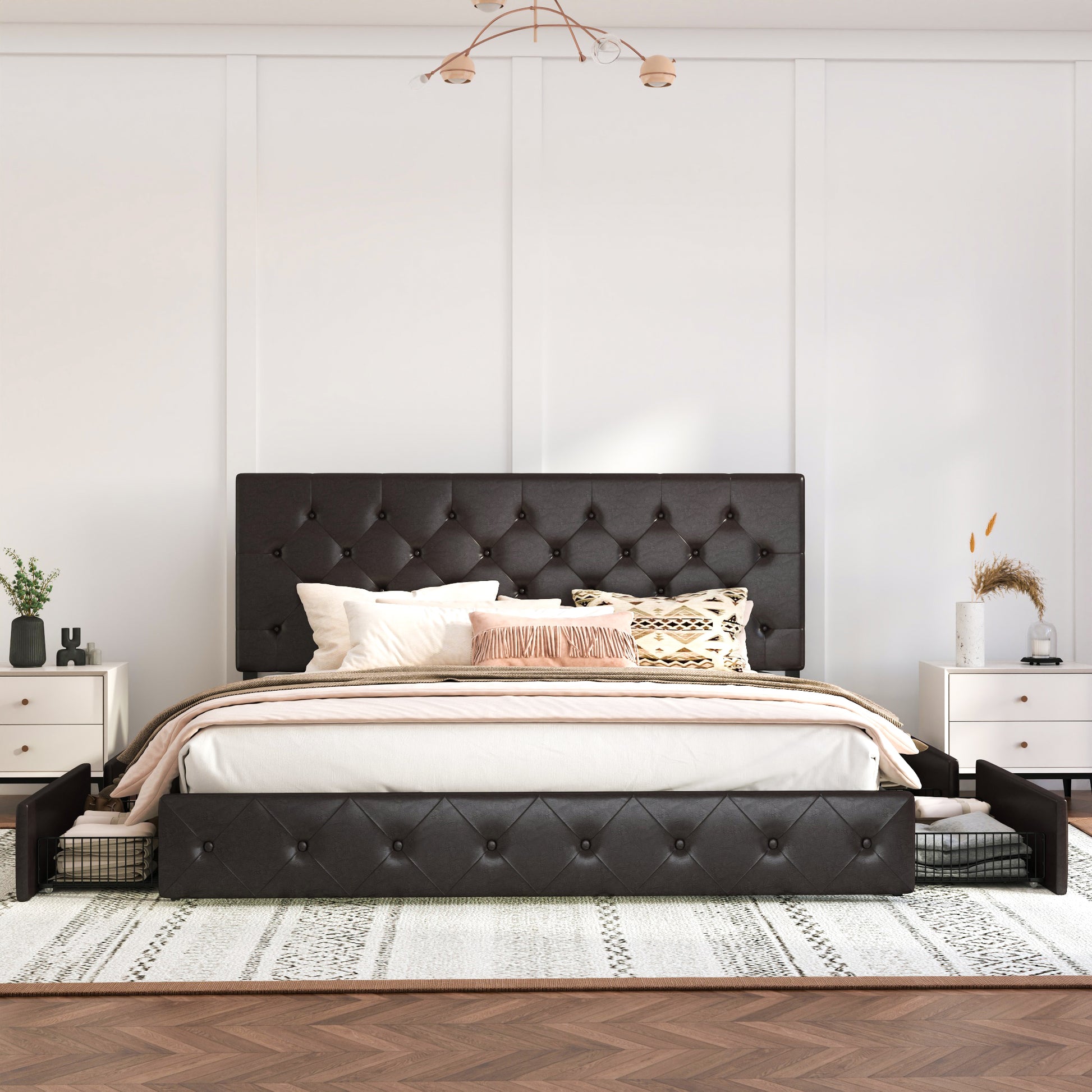 Einfach PU Leather Platform Bed with 4 Big Storage Drawers, Diamond Button Tufted Adjustable Headboard